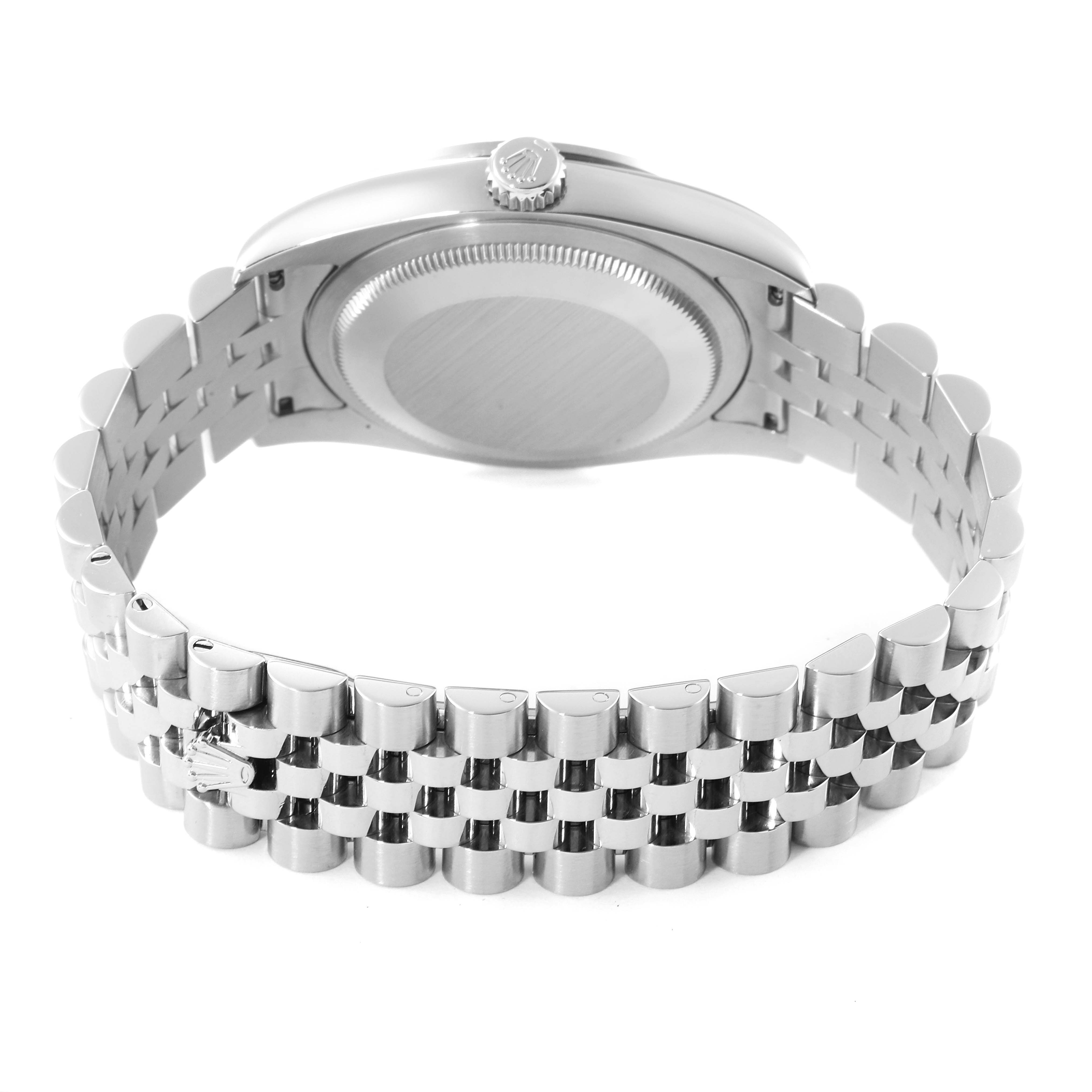 This image shows the back view of a Rolex Datejust 116244 Men's Stainless Steel Black Dial 116244 Men's Stainless Steel Black Dial watch, highlighting the case back, crown, and the Jubilee bracelet.