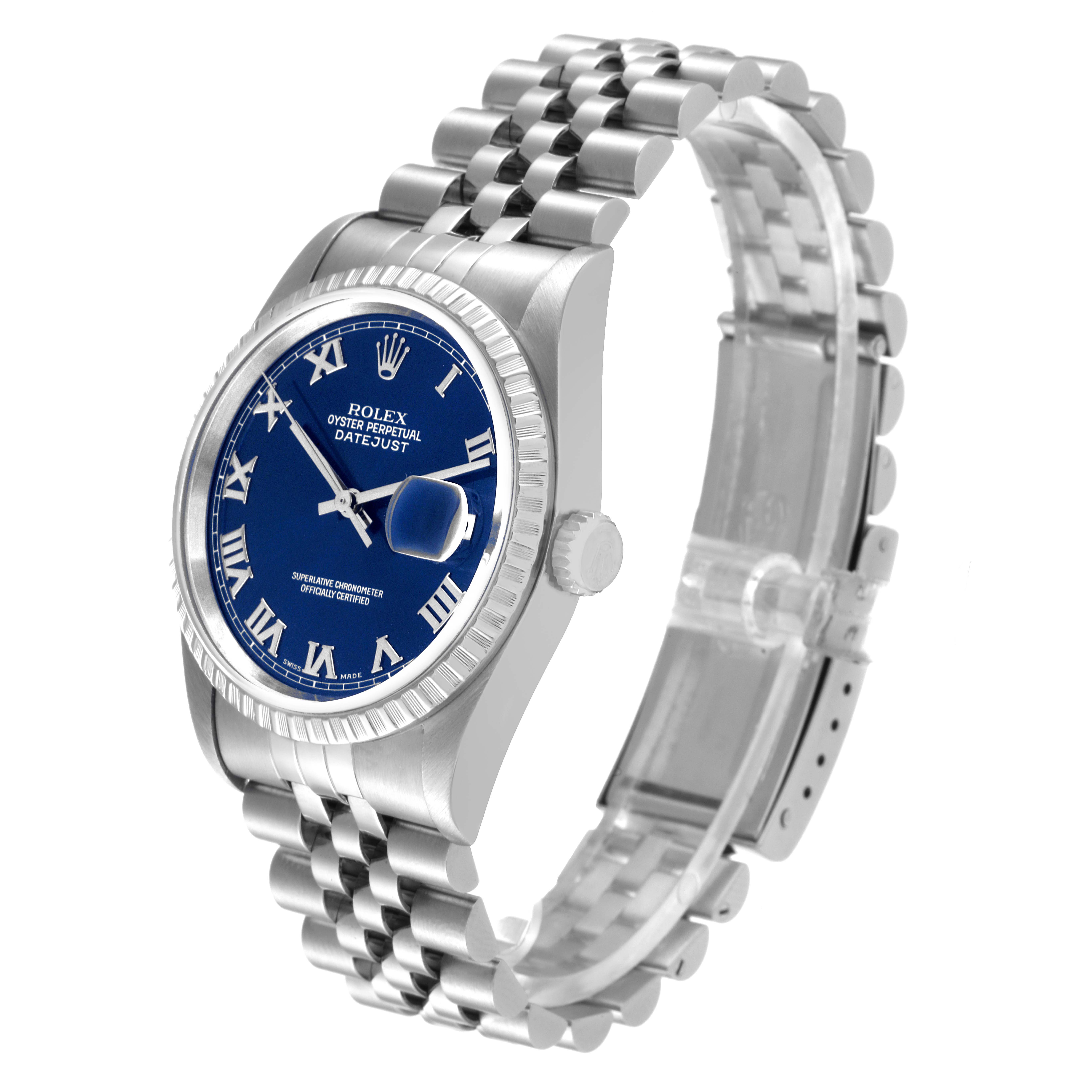 The image shows a Rolex Datejust 16220 Men's Stainless Steel Blue Dial 16220 Men's Stainless Steel Blue Dial watch at an angle, highlighting its blue dial, fluted bezel, and Jubilee bracelet.