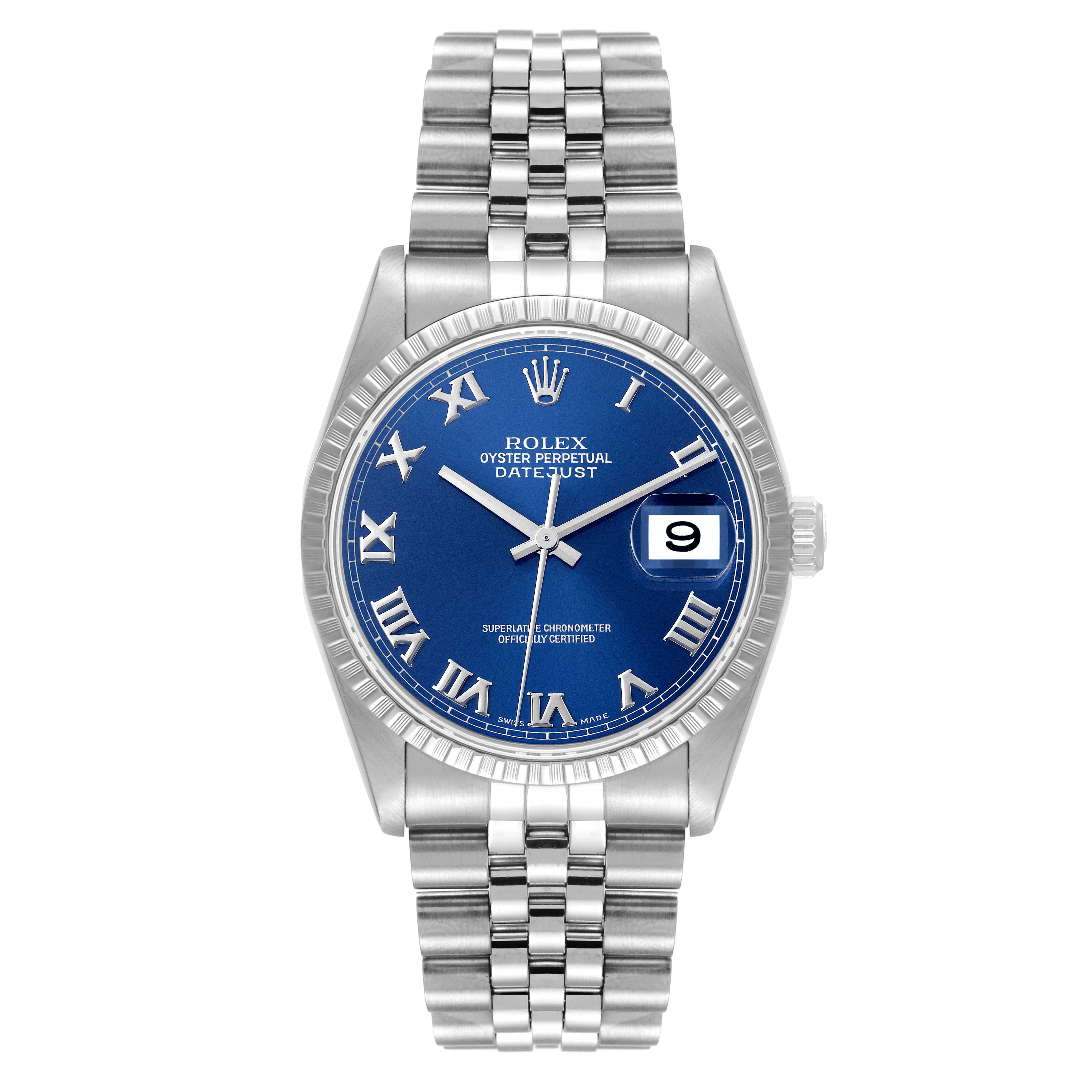 This is a frontal view of a Rolex Datejust 16220 Men's Stainless Steel Blue Dial 16220 Men's Stainless Steel Blue Dial watch, showing the face, hands, date display, and the stainless steel bracelet.