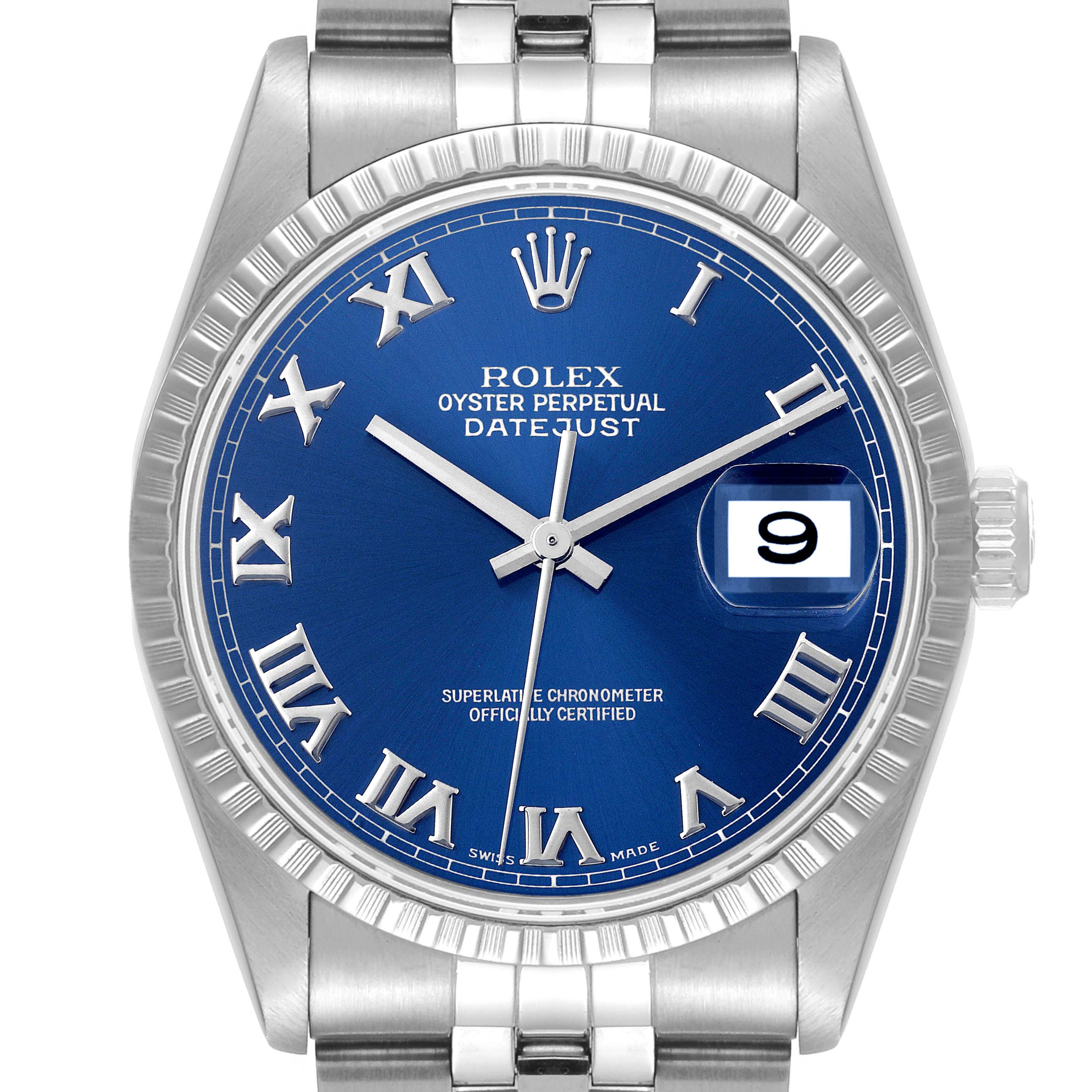 This image shows a close-up, front view of the Rolex Datejust 16220 Men's Stainless Steel Blue Dial 16220 Men's Stainless Steel Blue Dial watch, highlighting its blue dial and date window.