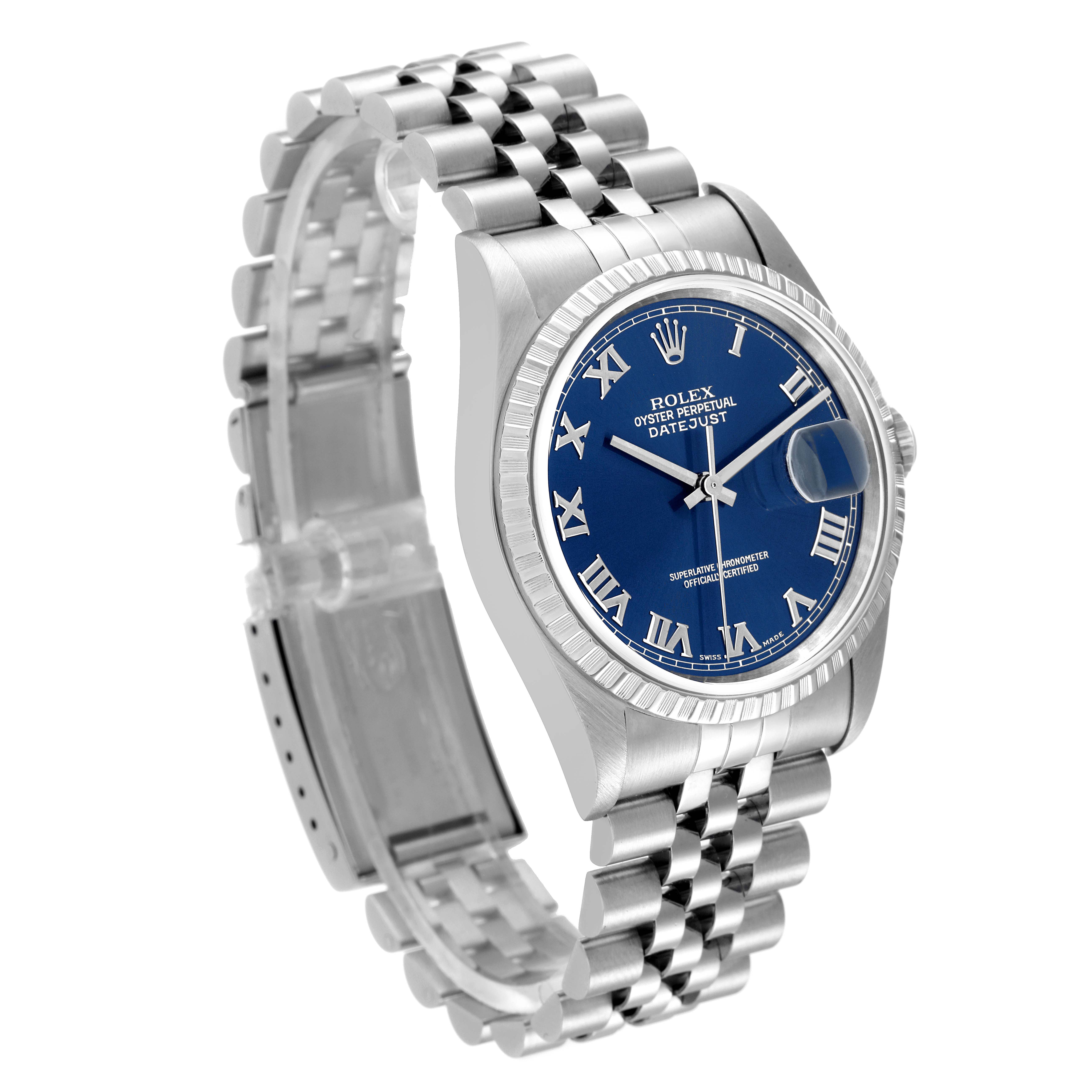 The Rolex Datejust 16220 Men's Stainless Steel Blue Dial 16220 Men's Stainless Steel Blue Dial watch is shown from a slight angle, displaying its blue dial, bezel, and metal bracelet.