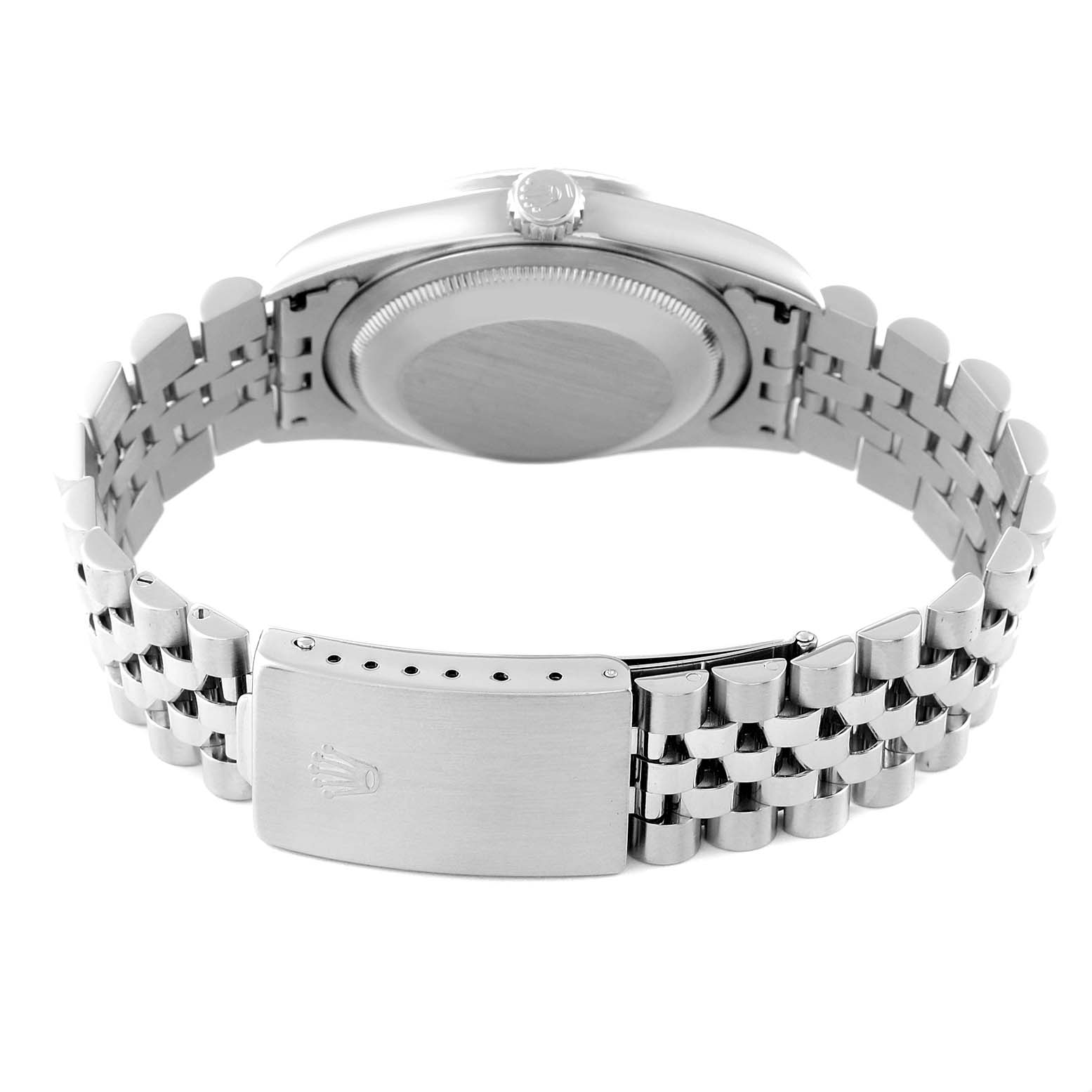 The image shows the backside of a Rolex Datejust 16220 Men's Stainless Steel Blue Dial 16220 Men's Stainless Steel Blue Dial watch, focusing on the case back and Jubilee bracelet with a clasp.