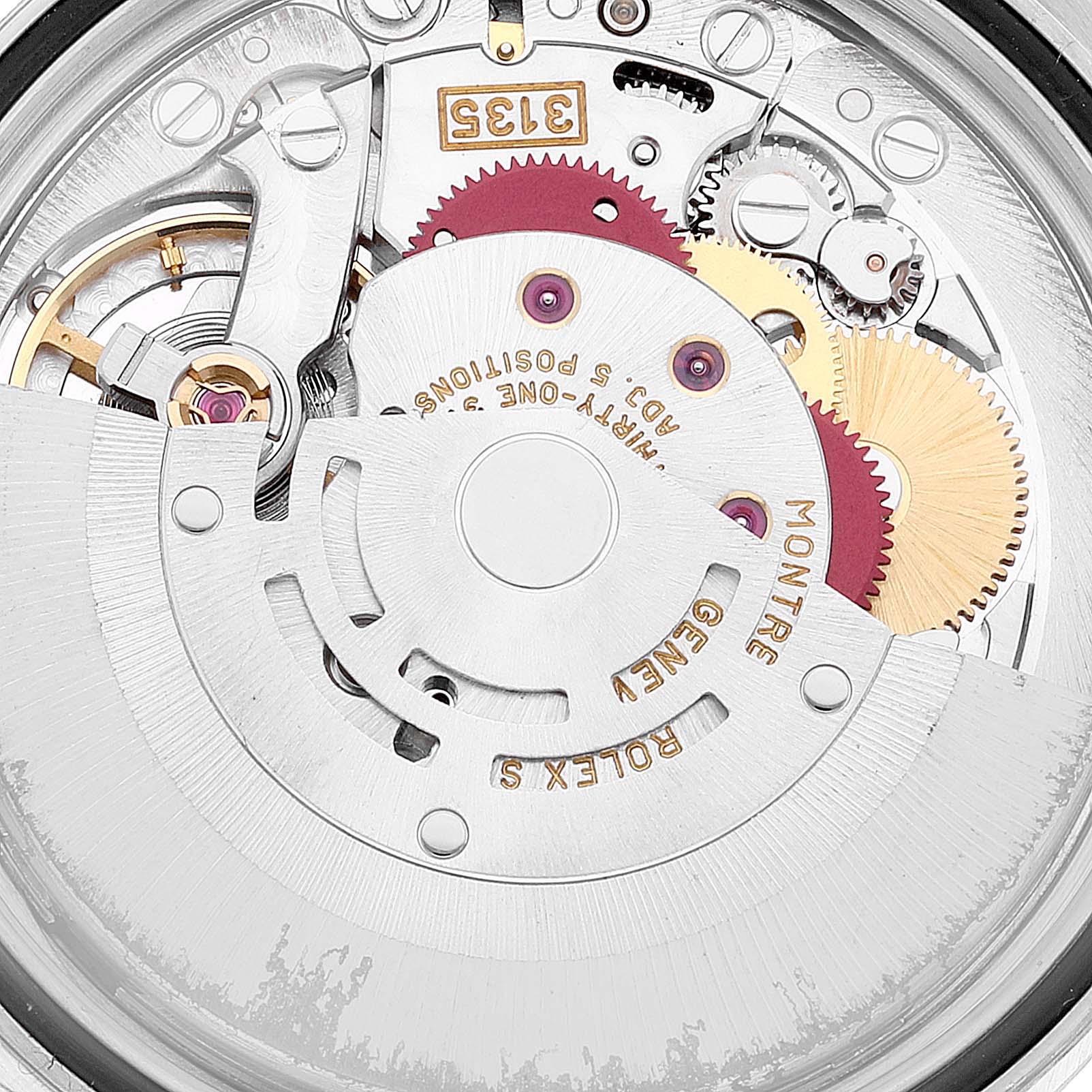 This image shows a close-up of the movement components of a Rolex Datejust 16220 Men's Stainless Steel Blue Dial 16220 Men's Stainless Steel Blue Dial watch from the back angle.