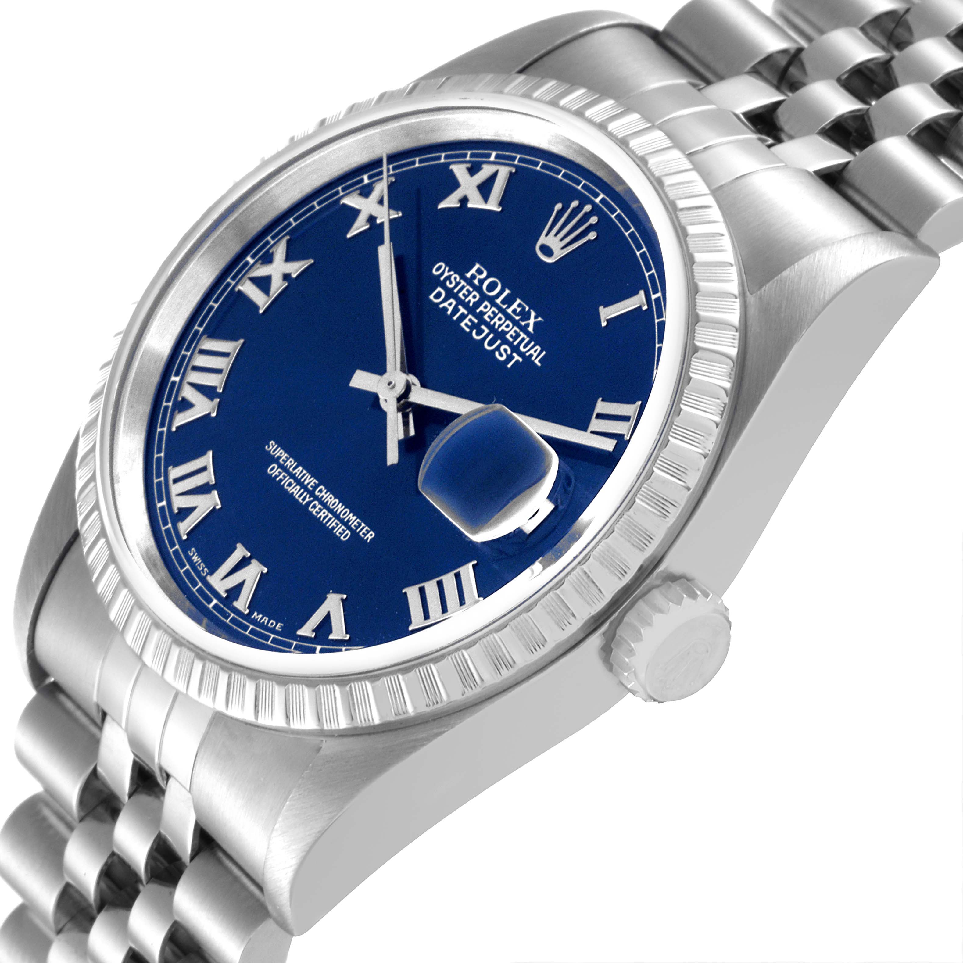 The image shows a side angle of the Rolex Datejust 16220 Men's Stainless Steel Blue Dial 16220 Men's Stainless Steel Blue Dial watch, highlighting the blue dial, Roman numerals, fluted bezel, and part of the bracelet.
