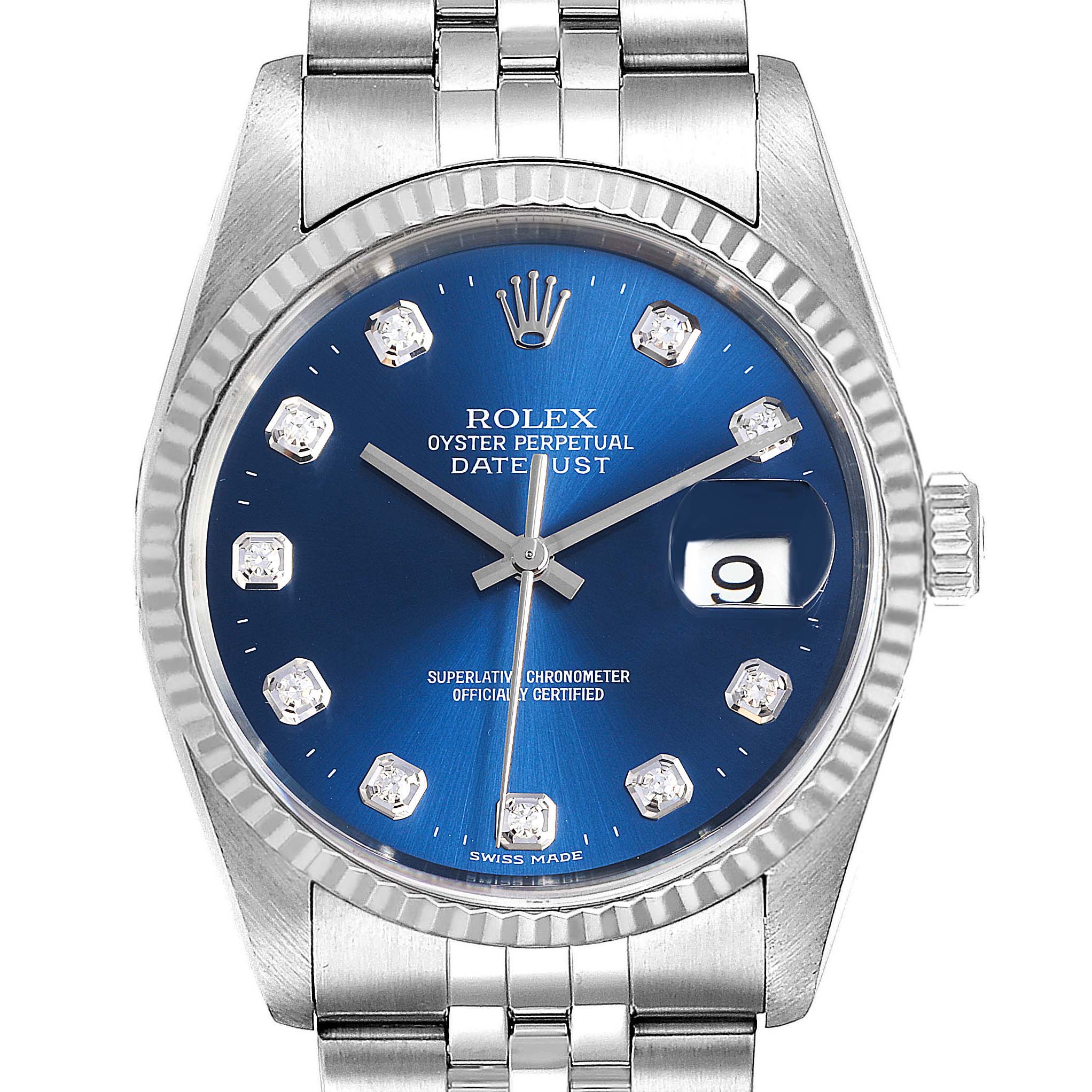 This image shows a frontal view of the Rolex Datejust 16234 Men
s Stainless Steel Blue Dial 16234 Men
s Stainless Steel Blue Dial watch with blue dial, diamond hour markers, and date display.