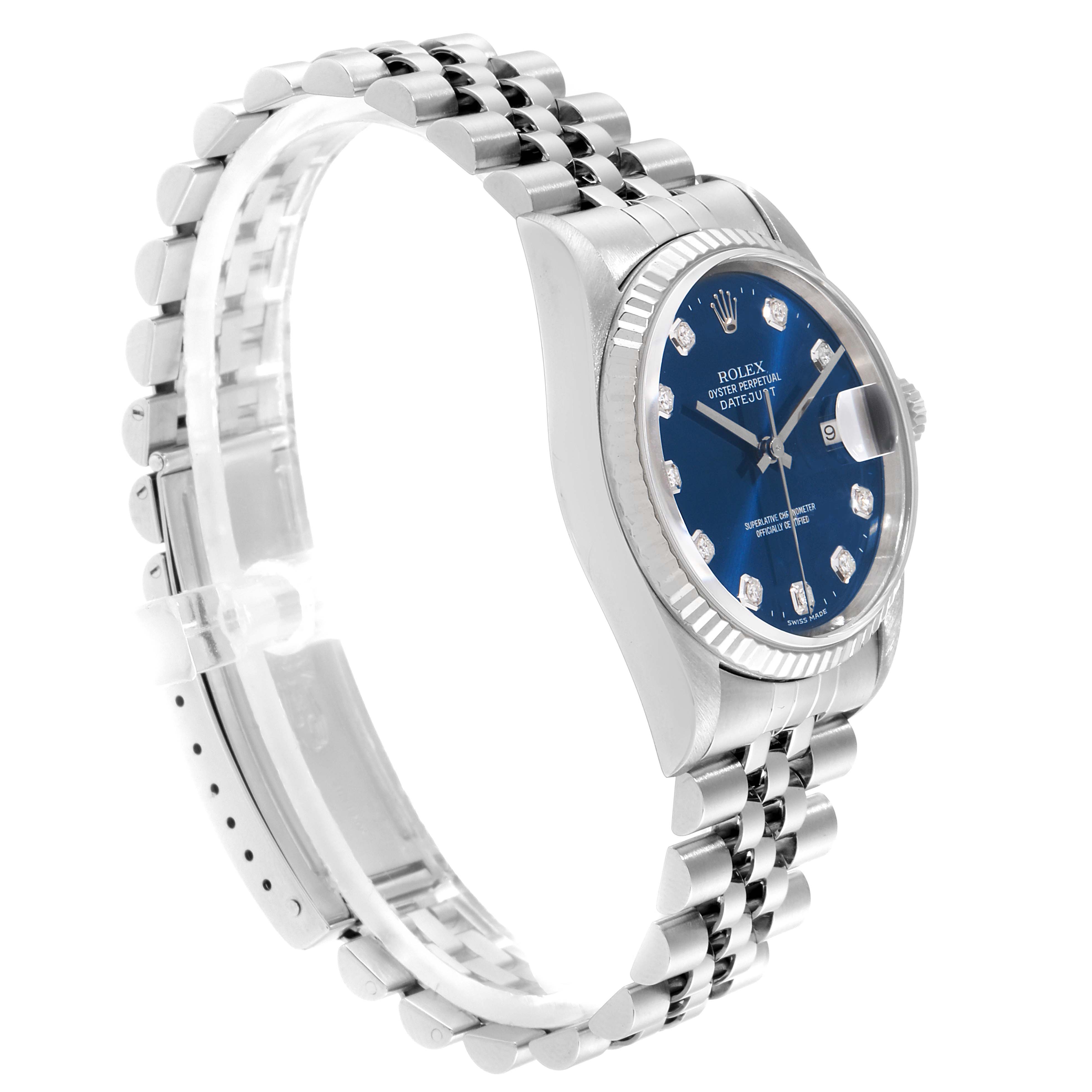 The image shows a Rolex Datejust 16234 Men
s Stainless Steel Blue Dial 16234 Men
s Stainless Steel Blue Dial watch at a slight angle, highlighting parts of the bracelet and the detailed watch face with date display.