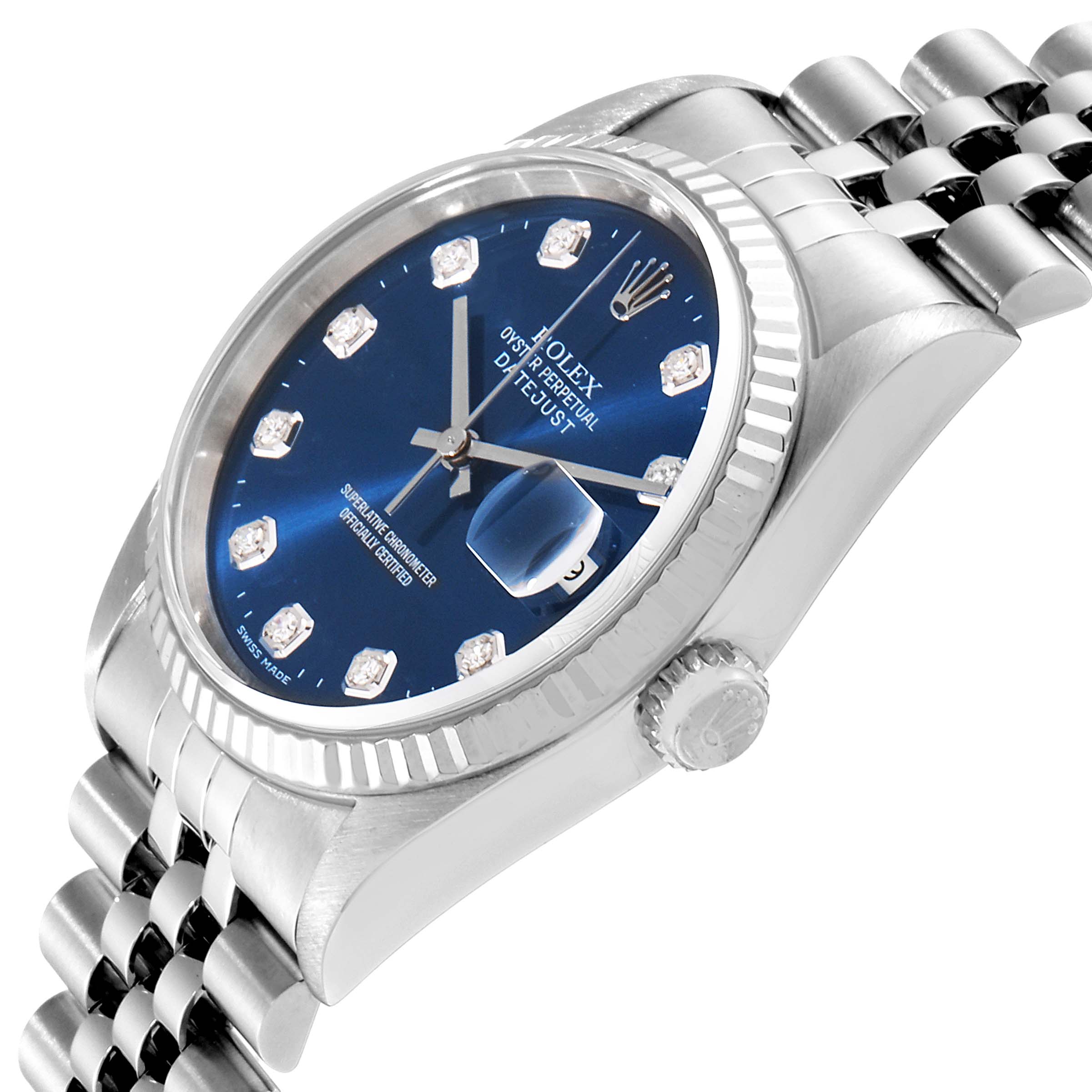 The image shows a Rolex Datejust 16234 Men
s Stainless Steel Blue Dial 16234 Men
s Stainless Steel Blue Dial watch at an angle highlighting its face, bezel, crown, and part of the bracelet.