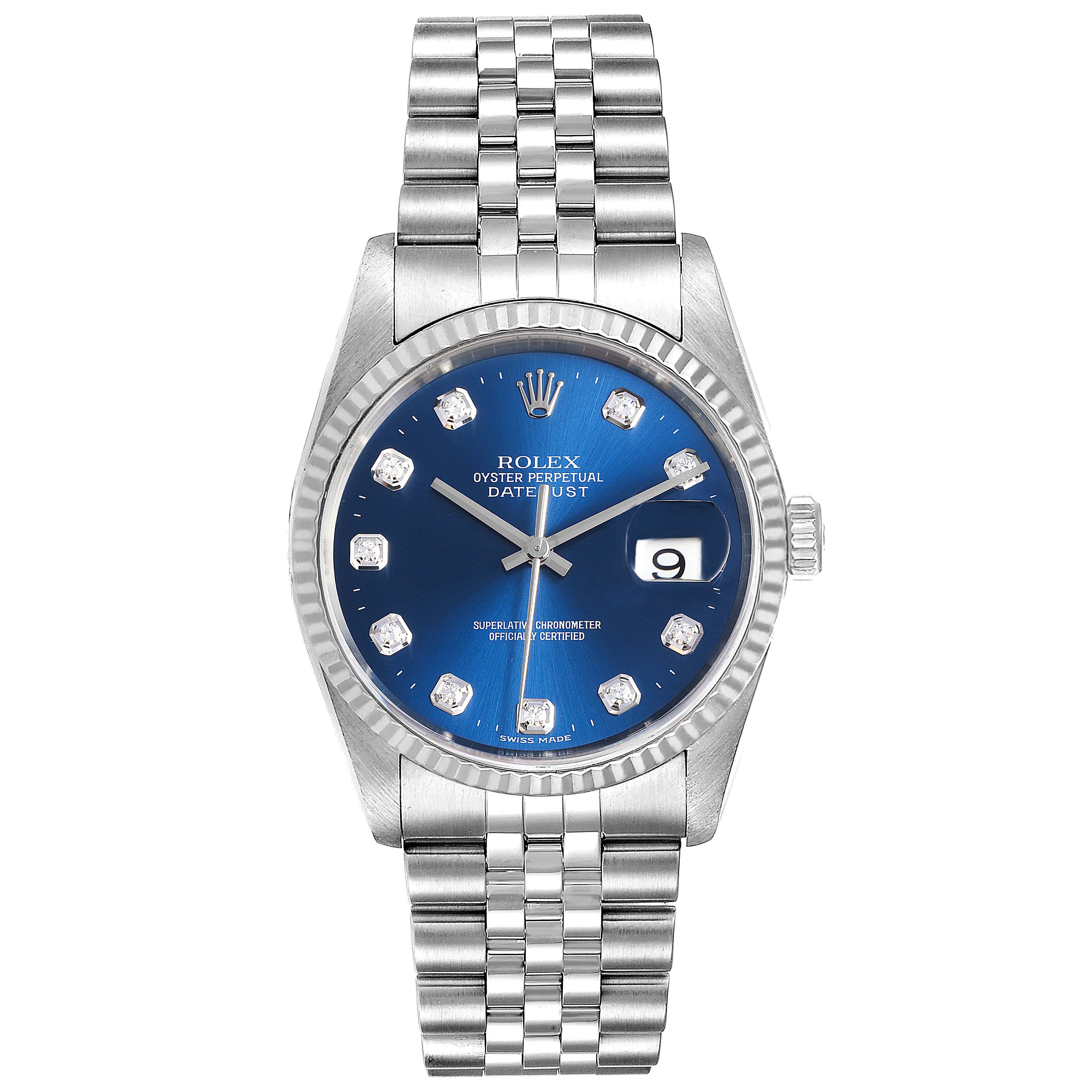 The Rolex Datejust 16234 Men
s Stainless Steel Blue Dial 16234 Men
s Stainless Steel Blue Dial is shown from a front angle, highlighting its blue dial, fluted bezel, jubilee bracelet, and date display.