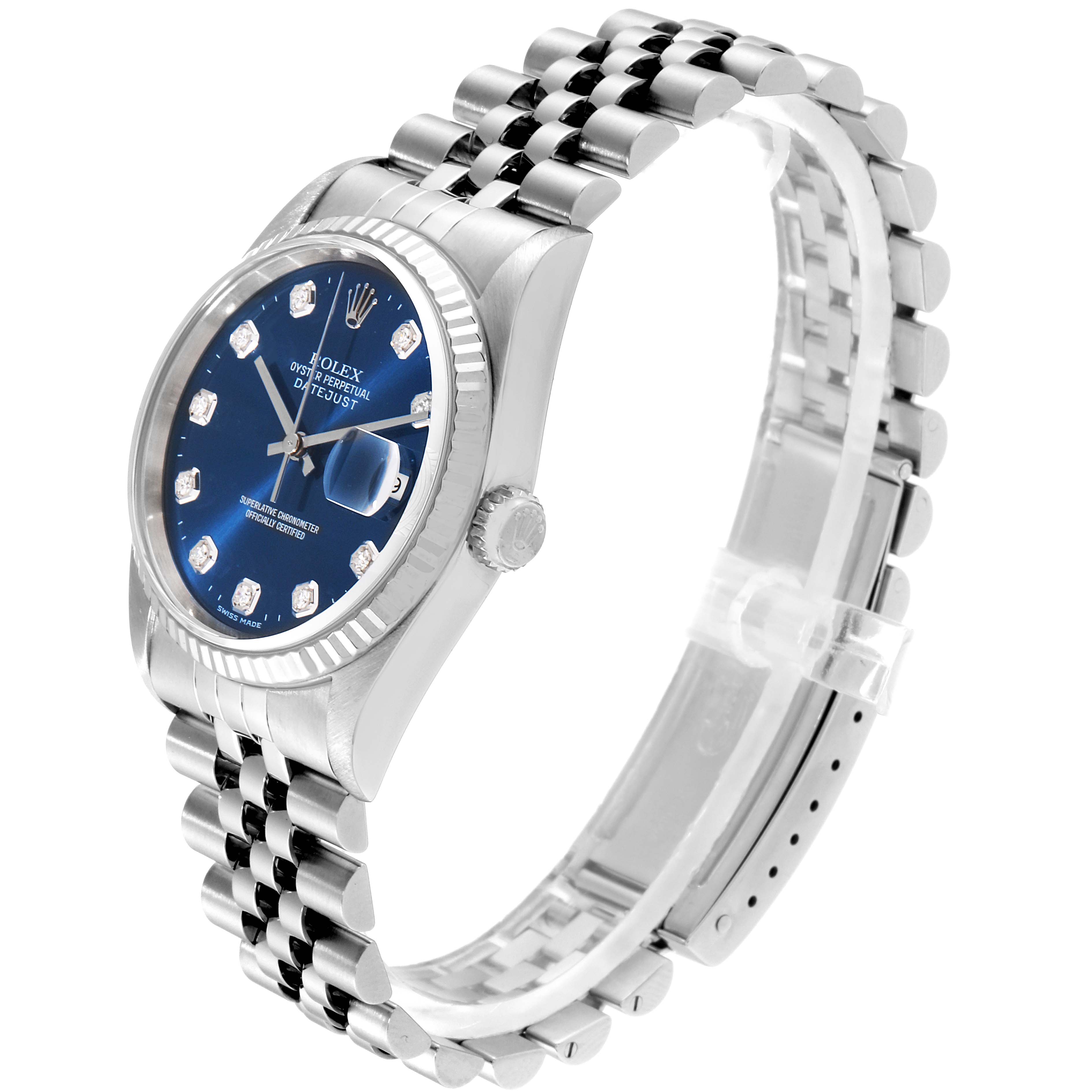 This image shows a Rolex Datejust 16234 Men
s Stainless Steel Blue Dial 16234 Men
s Stainless Steel Blue Dial watch at an angled side view, highlighting its blue dial, diamond hour markers, and jubilee bracelet.