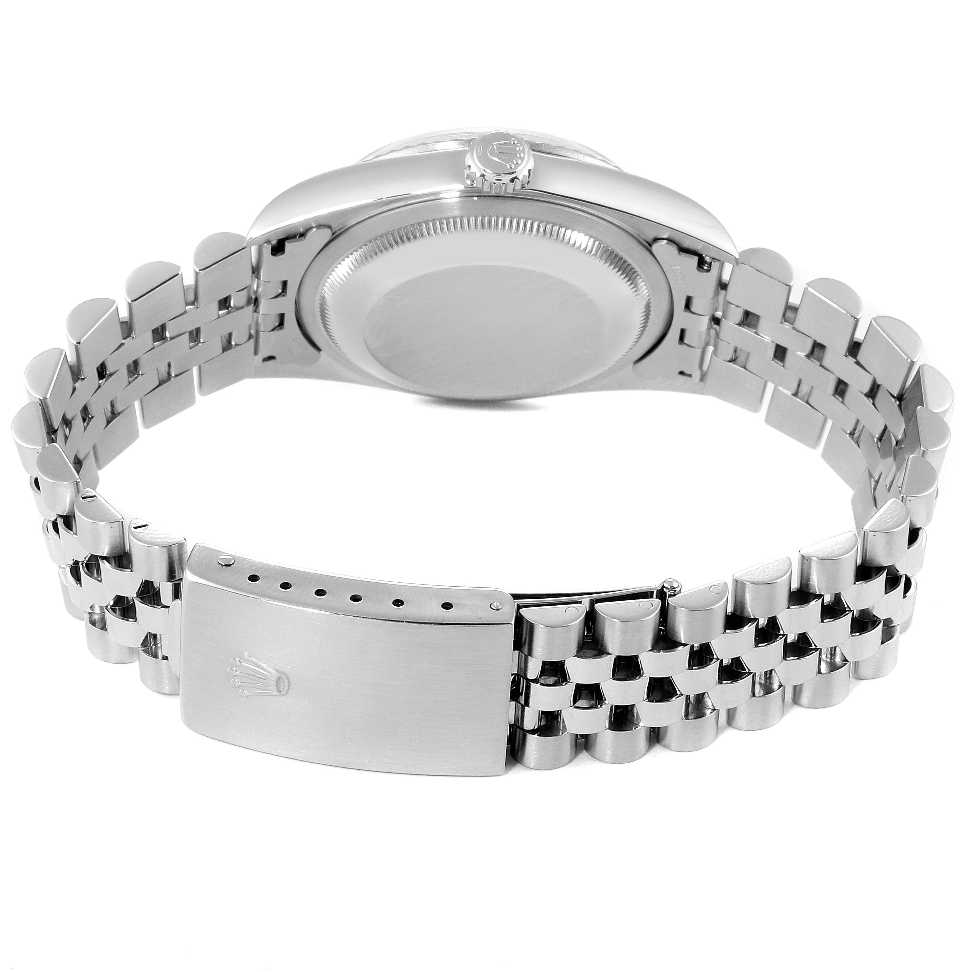 The image shows the back view of a Rolex Datejust 16234 Men
s Stainless Steel Blue Dial 16234 Men
s Stainless Steel Blue Dial watch, highlighting the case back, crown, and Jubilee bracelet with clasp.