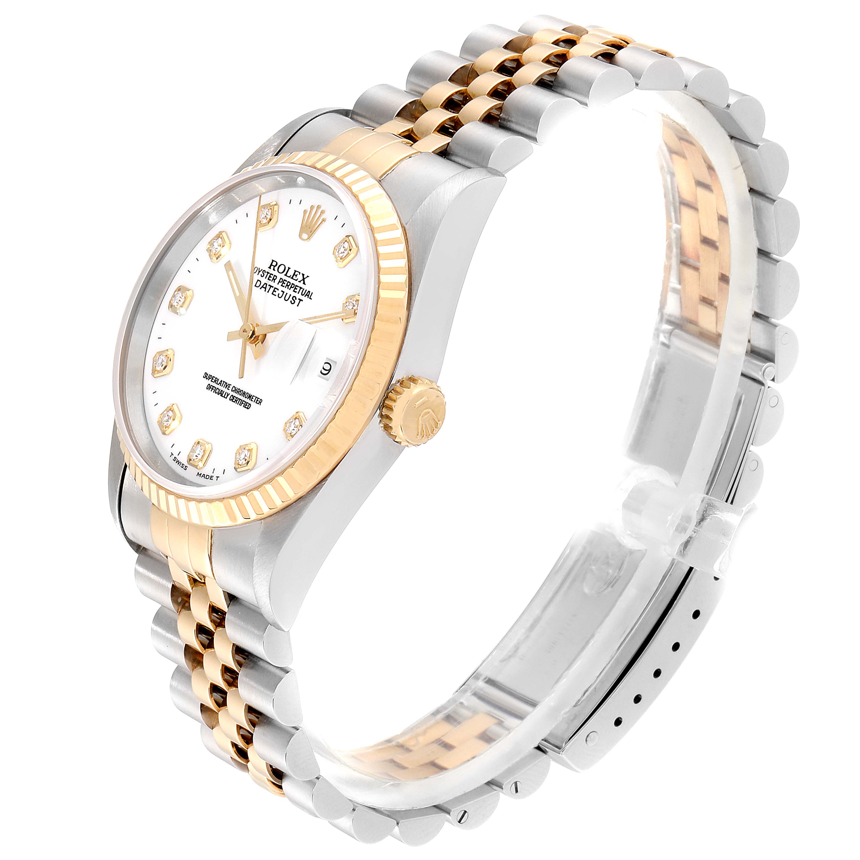 The image shows a Rolex Datejust 16233 Men's Steel and Gold (two tone) White Dial 16233 Men's Steel and Gold (two tone) White Dial watch from an angled perspective, highlighting the face, bracelet, and crown.