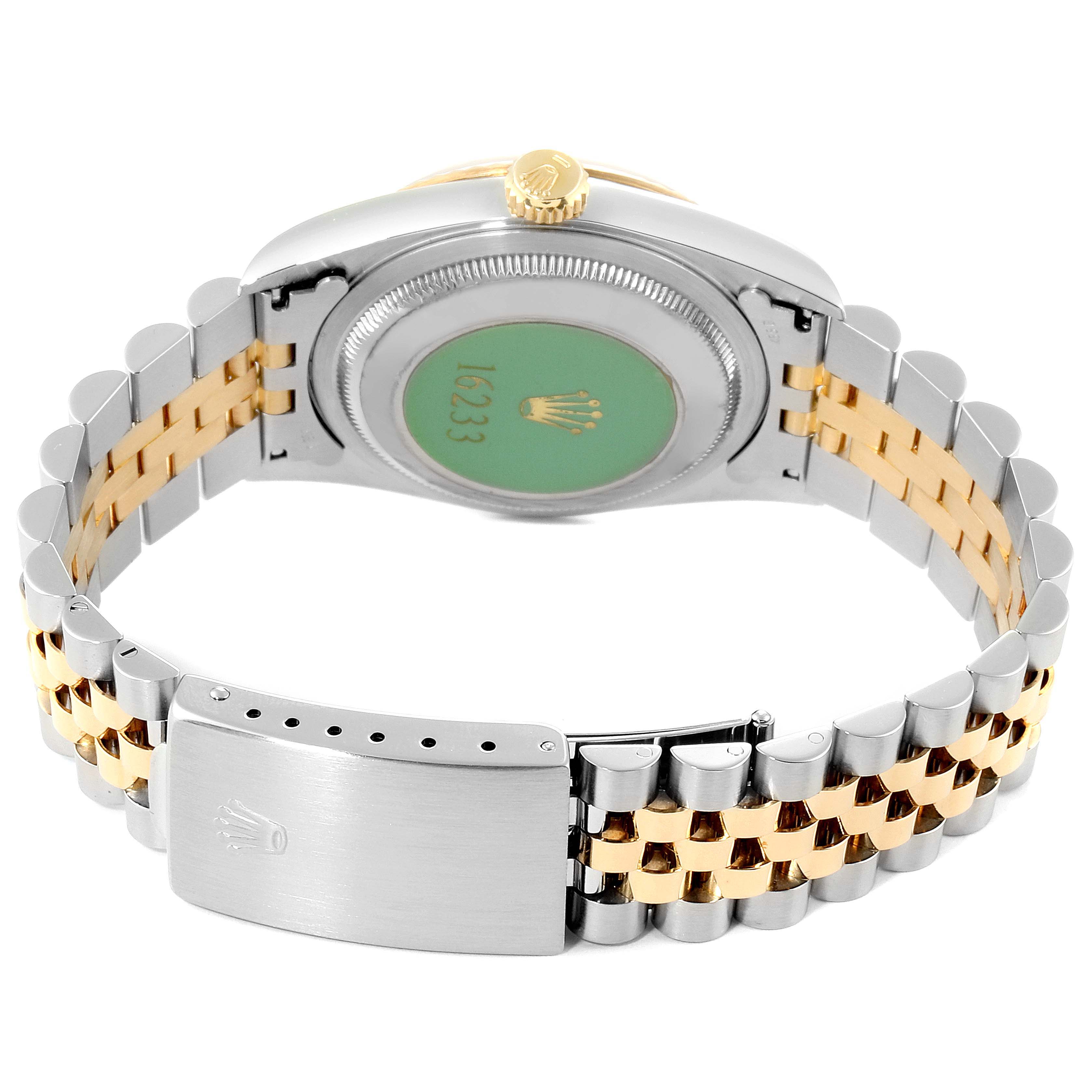 The image shows the case back and bracelet of the Rolex Datejust 16233 Men's Steel and Gold (two tone) White Dial 16233 Men's Steel and Gold (two tone) White Dial watch model, viewed from the rear.