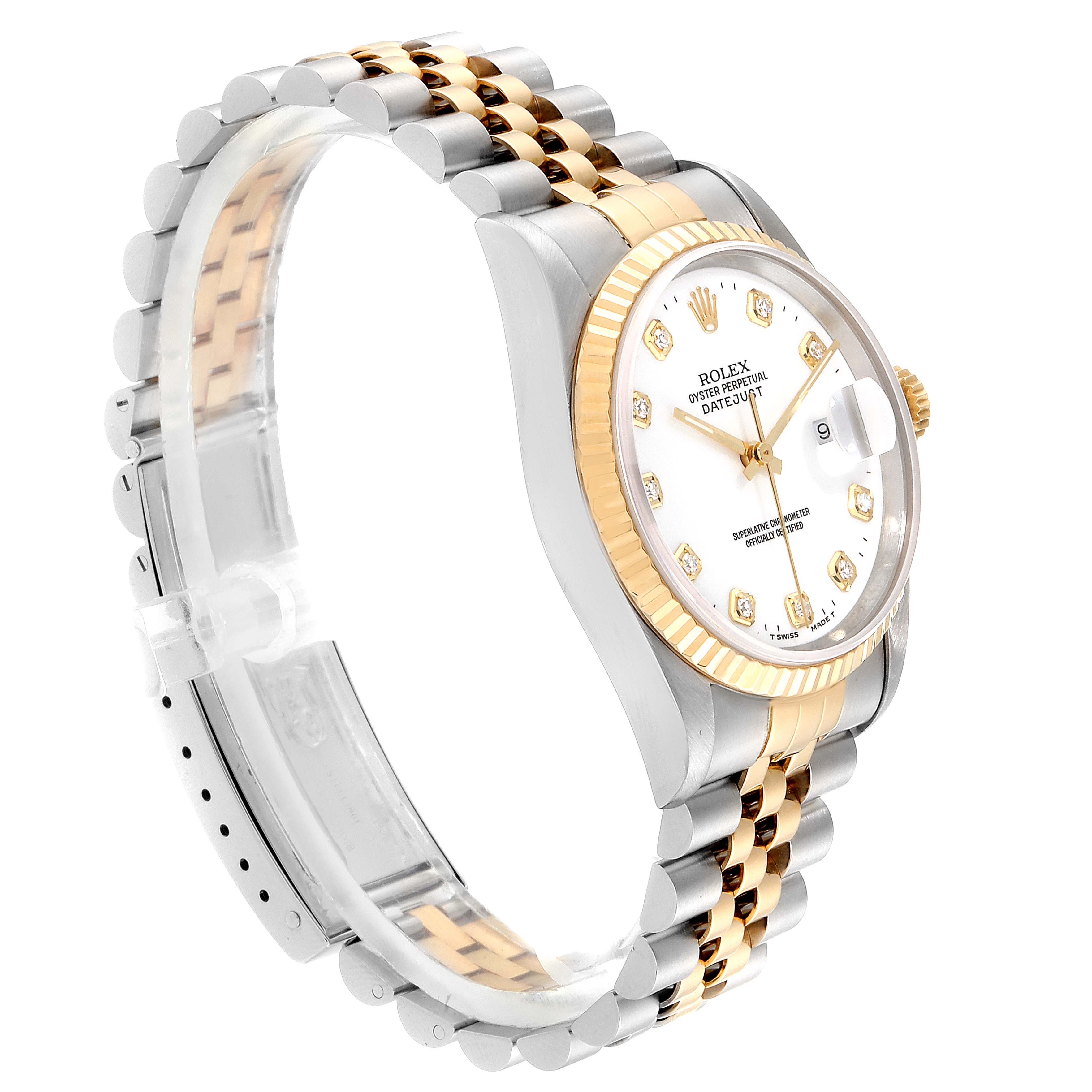 This image shows a side angle of the Rolex Datejust 16233 Men's Steel and Gold (two tone) White Dial 16233 Men's Steel and Gold (two tone) White Dial watch, highlighting the dial, bezel, crown, and two-tone bracelet.