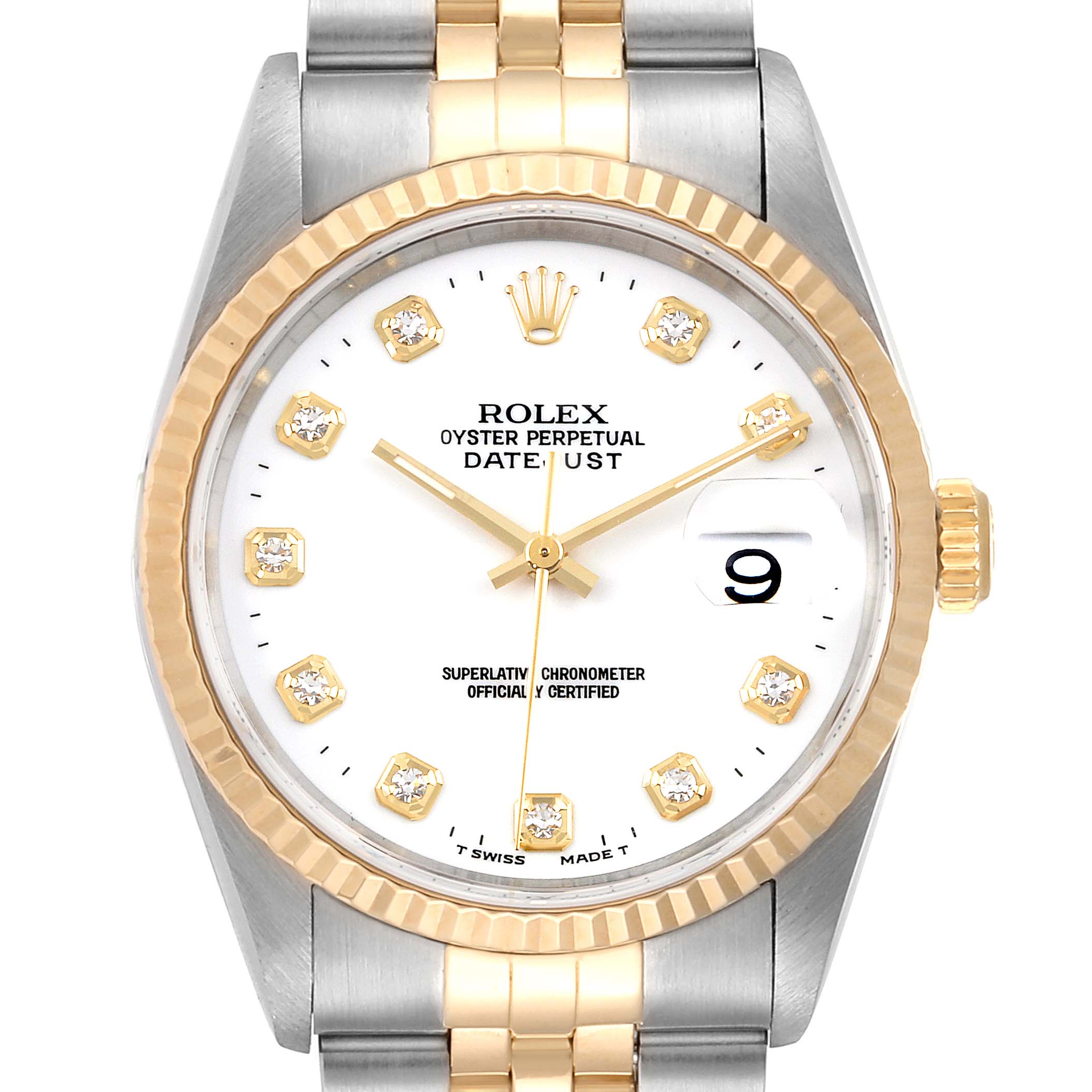The Rolex Datejust 16233 Men's Steel and Gold (two tone) White Dial 16233 Men's Steel and Gold (two tone) White Dial watch is shown from the front angle, displaying its dial, bezel, and part of its bracelet.