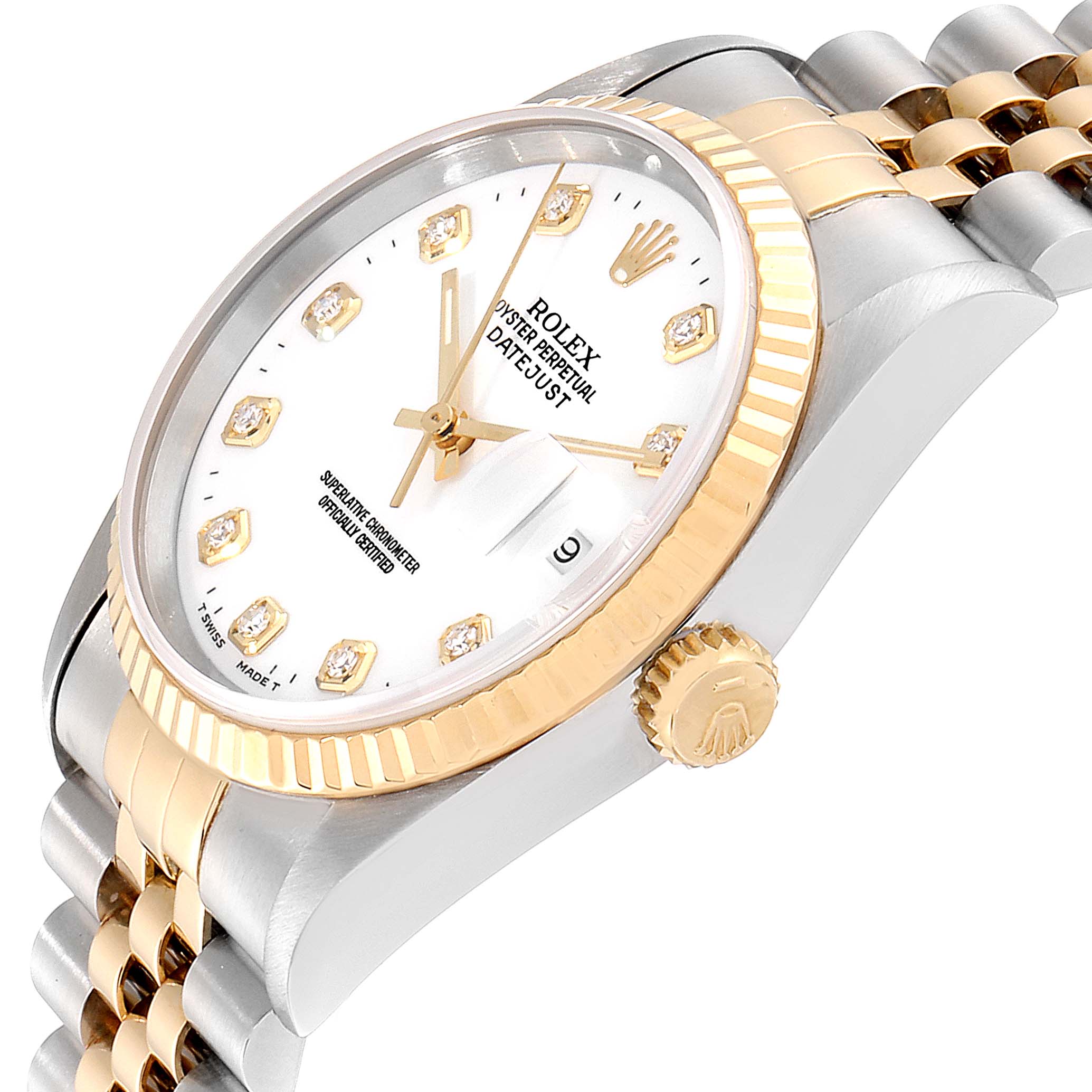 This image shows a close-up angle of a Rolex Datejust 16233 Men's Steel and Gold (two tone) White Dial 16233 Men's Steel and Gold (two tone) White Dial watch, highlighting its bezel, crown, and part of the bracelet.