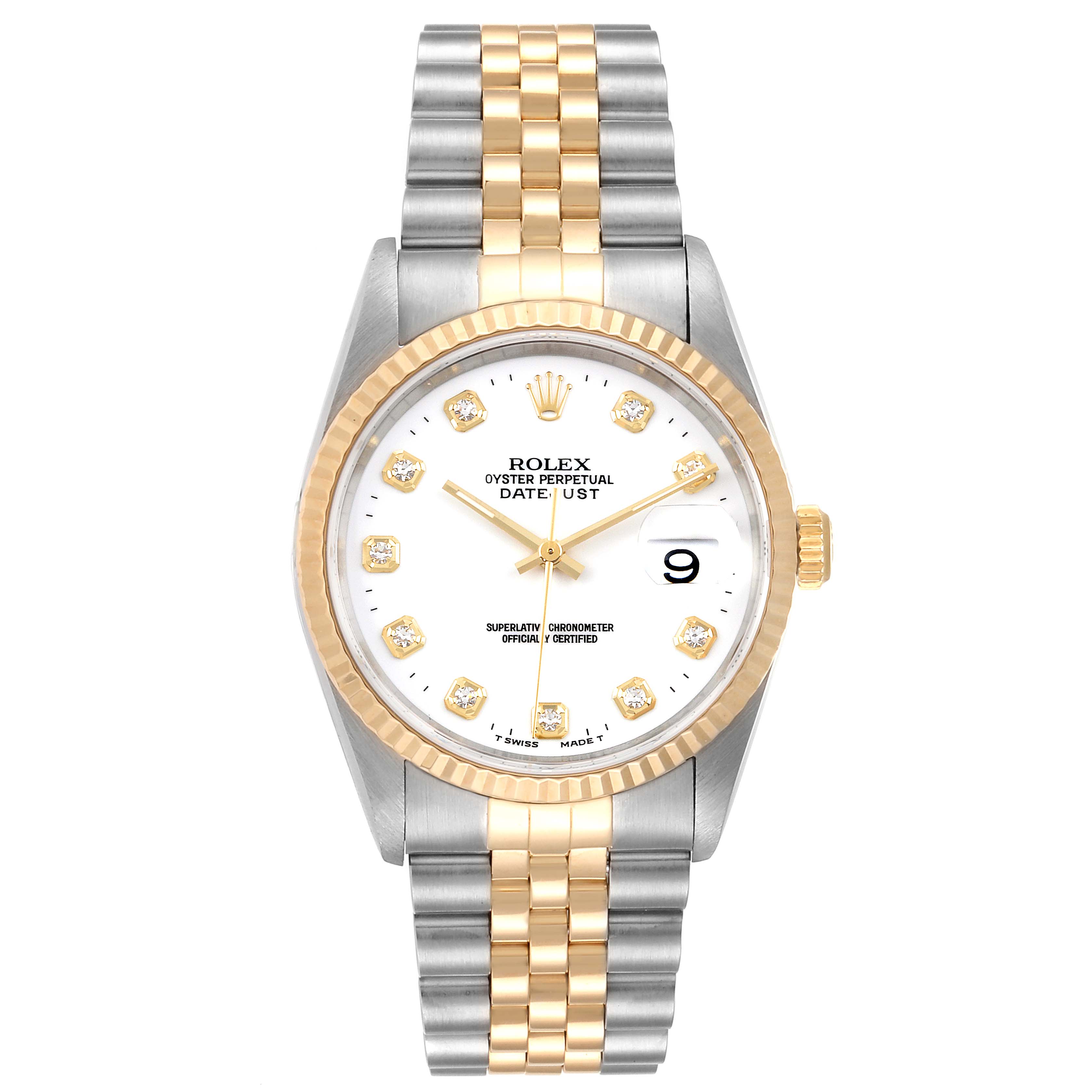 The image shows a front view of a Rolex Datejust 16233 Men's Steel and Gold (two tone) White Dial 16233 Men's Steel and Gold (two tone) White Dial watch featuring a two-tone bracelet, fluted bezel, and diamond markers on a white dial.