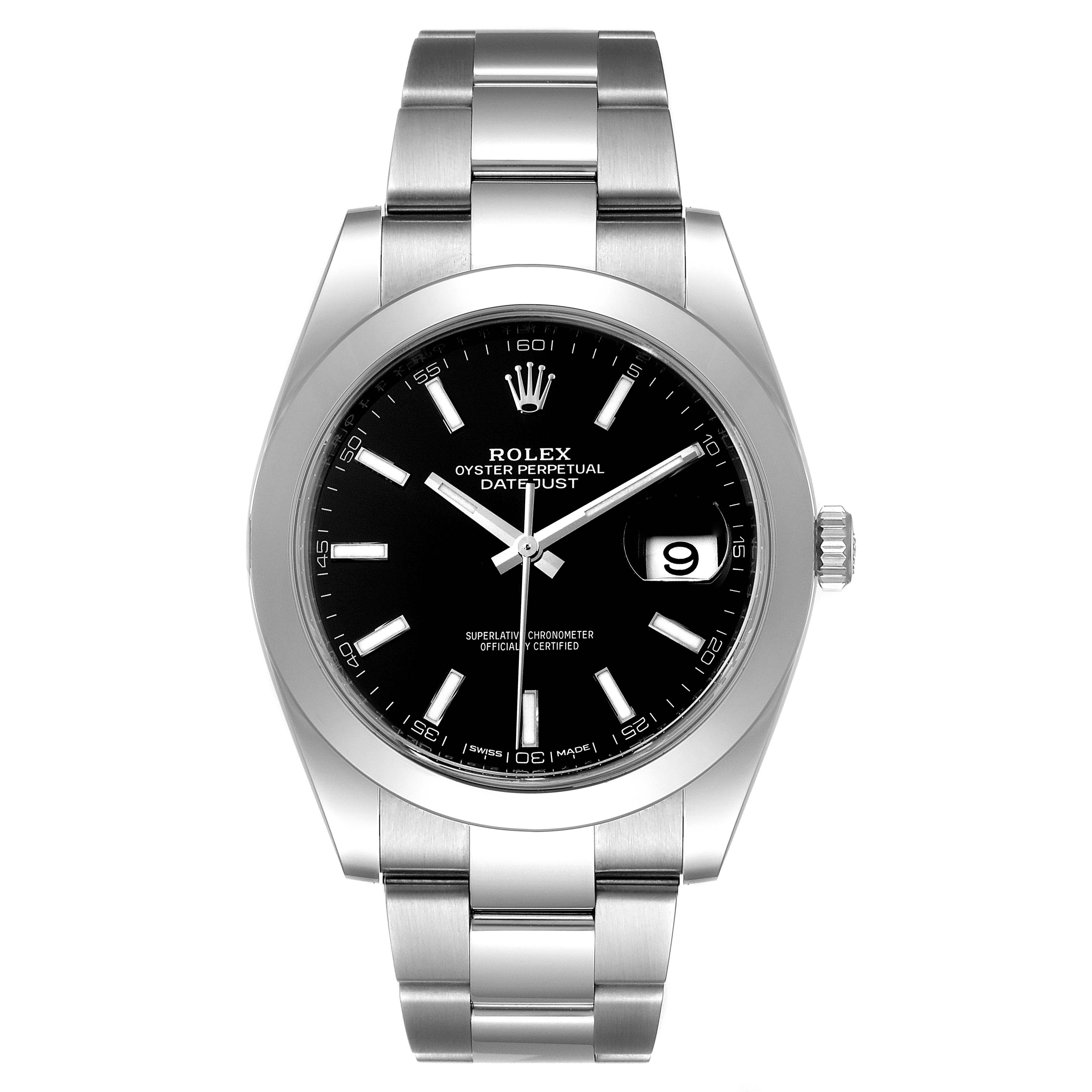 This image shows a front view of the Rolex Datejust 41 126300 Men's Stainless Steel Black Dial 126300 Men's Stainless Steel Black Dial watch, highlighting the black dial, date window, and stainless steel bracelet.