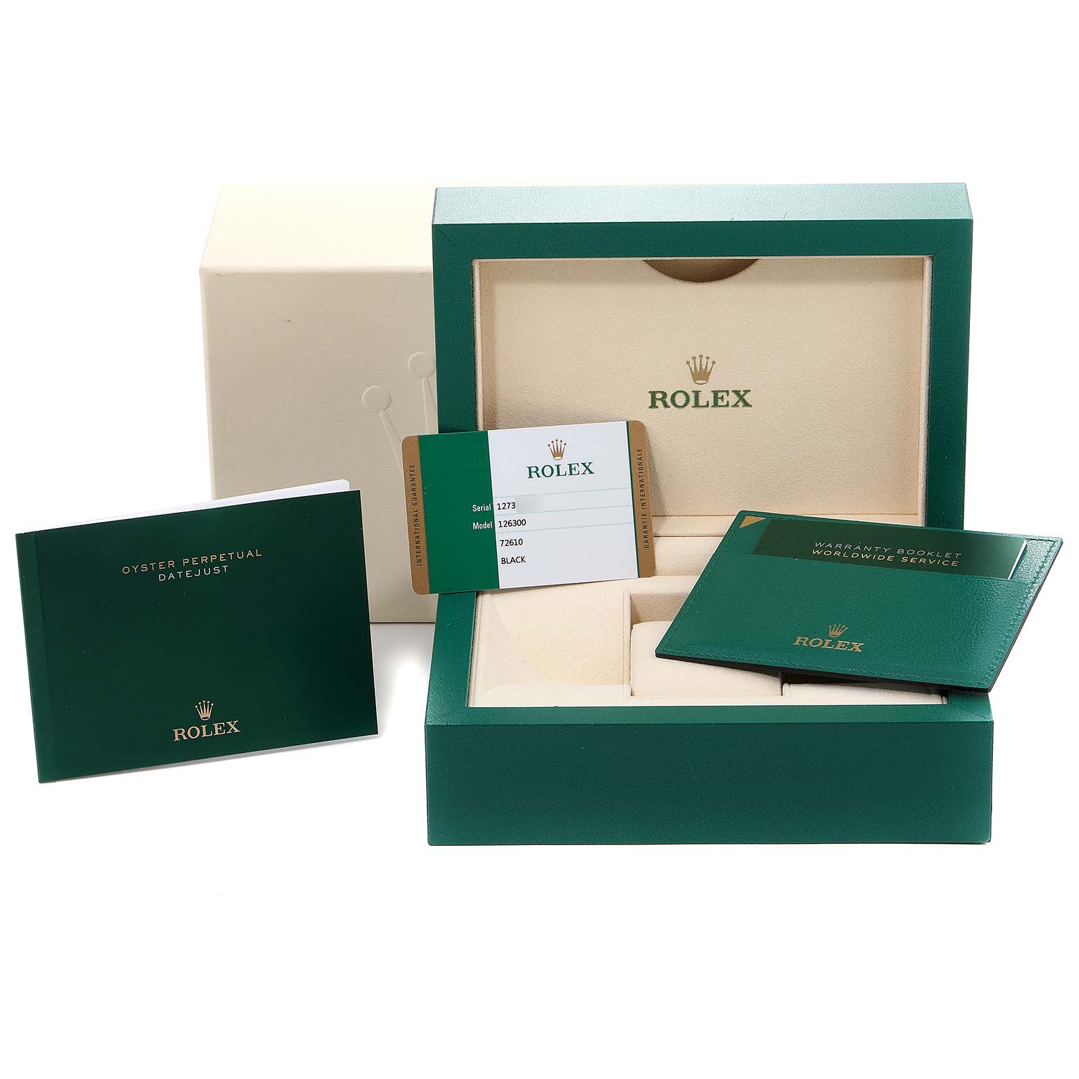 The image shows the packaging and accessories for a Rolex Datejust 41 126300 Men's Stainless Steel Black Dial 126300 Men's Stainless Steel Black Dial, including the box, booklet, warranty card, and holder.