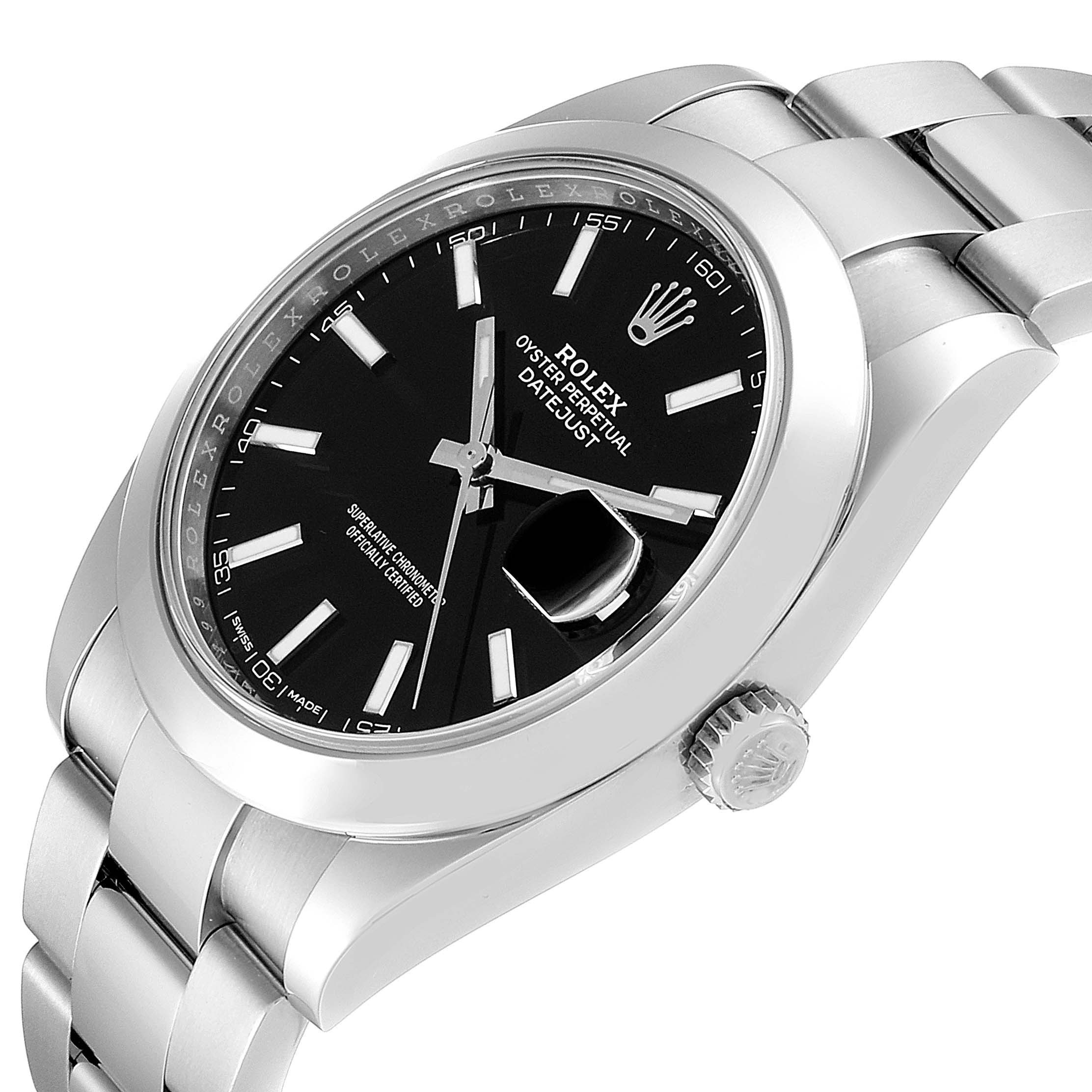 This image shows a Rolex Datejust 41 126300 Men's Stainless Steel Black Dial 126300 Men's Stainless Steel Black Dial model watch at a tilted angle, highlighting its black dial, date window, and metal bracelet.