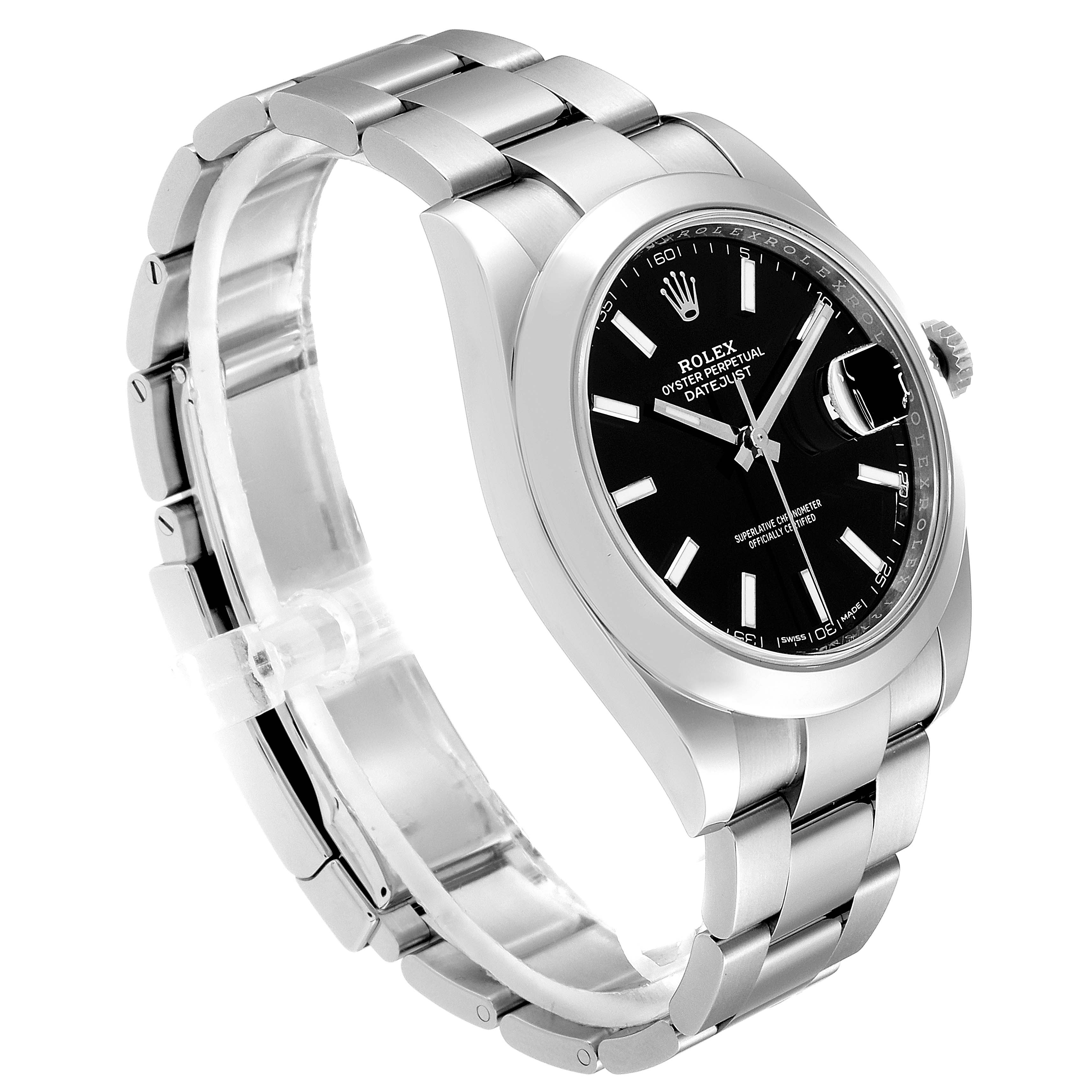 The image shows a Rolex Datejust 41 126300 Men's Stainless Steel Black Dial 126300 Men's Stainless Steel Black Dial watch at a 3/4 angled view, displaying its black dial and silver bracelet.