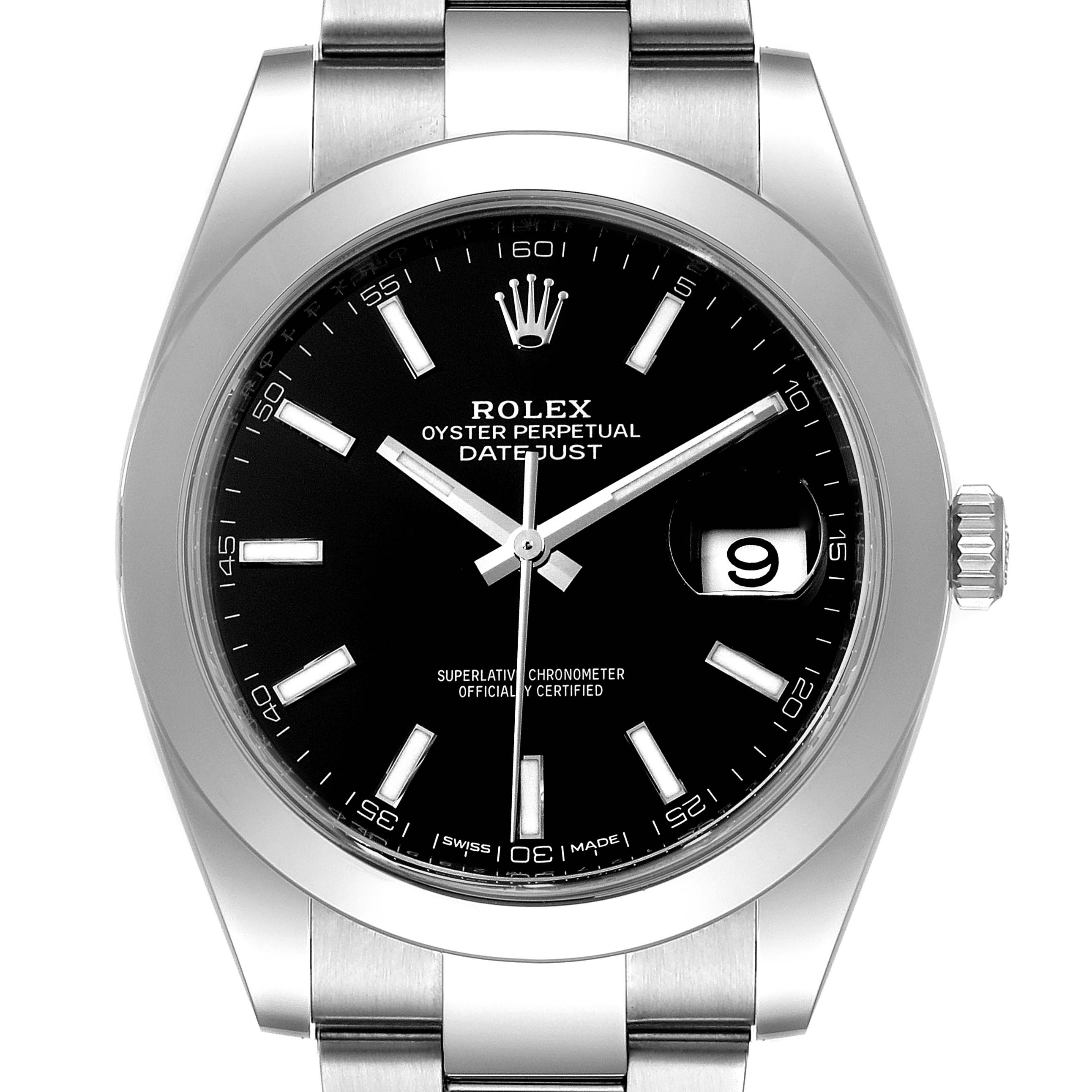 The image shows the face and bezel of a Rolex Datejust 41 126300 Men's Stainless Steel Black Dial 126300 Men's Stainless Steel Black Dial watch from a front angle.