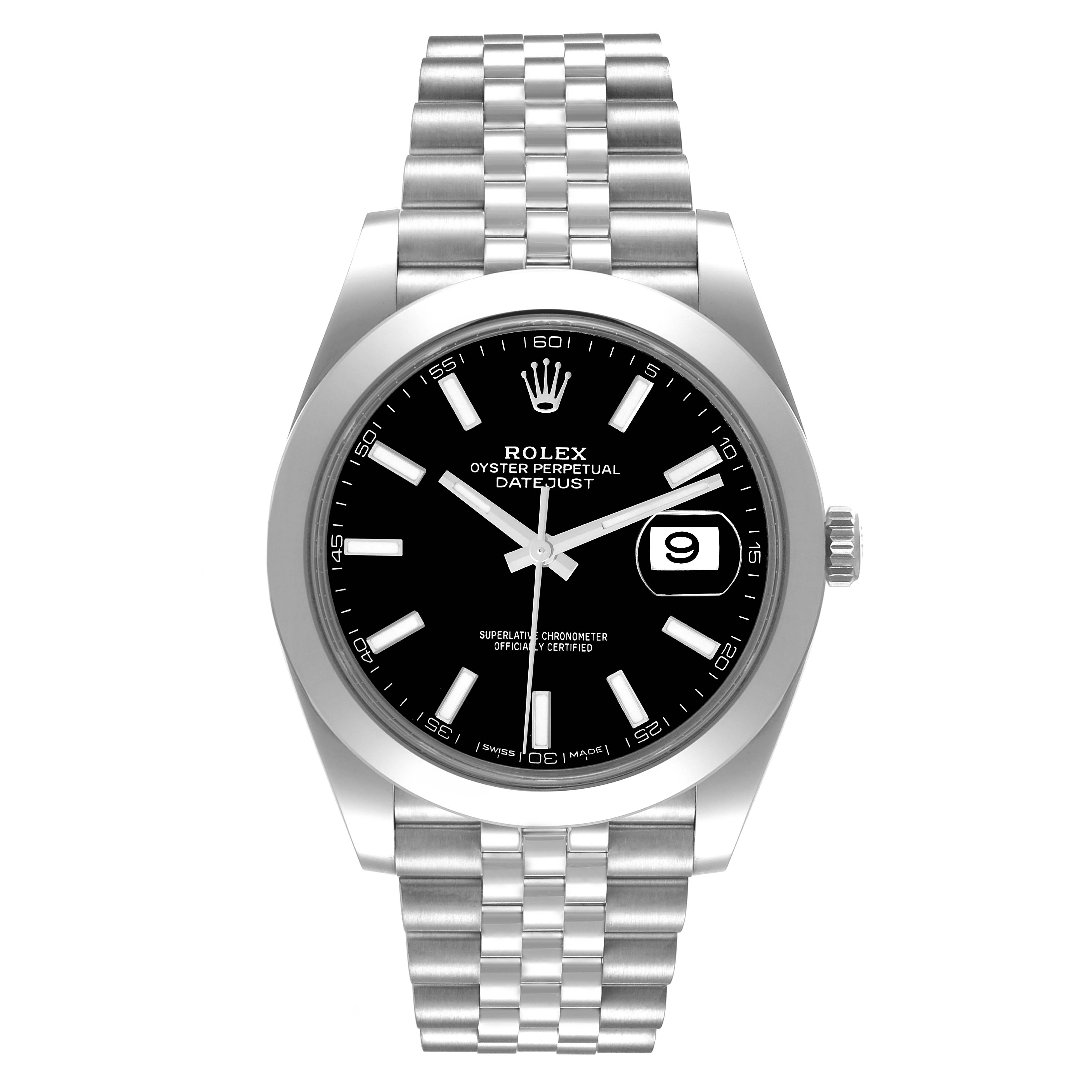 The image shows a front view of a Rolex Datejust 41 126300 Men's Stainless Steel Black Dial 126300 Men's Stainless Steel Black Dial watch, displaying the dial, hands, date window, and bracelet.