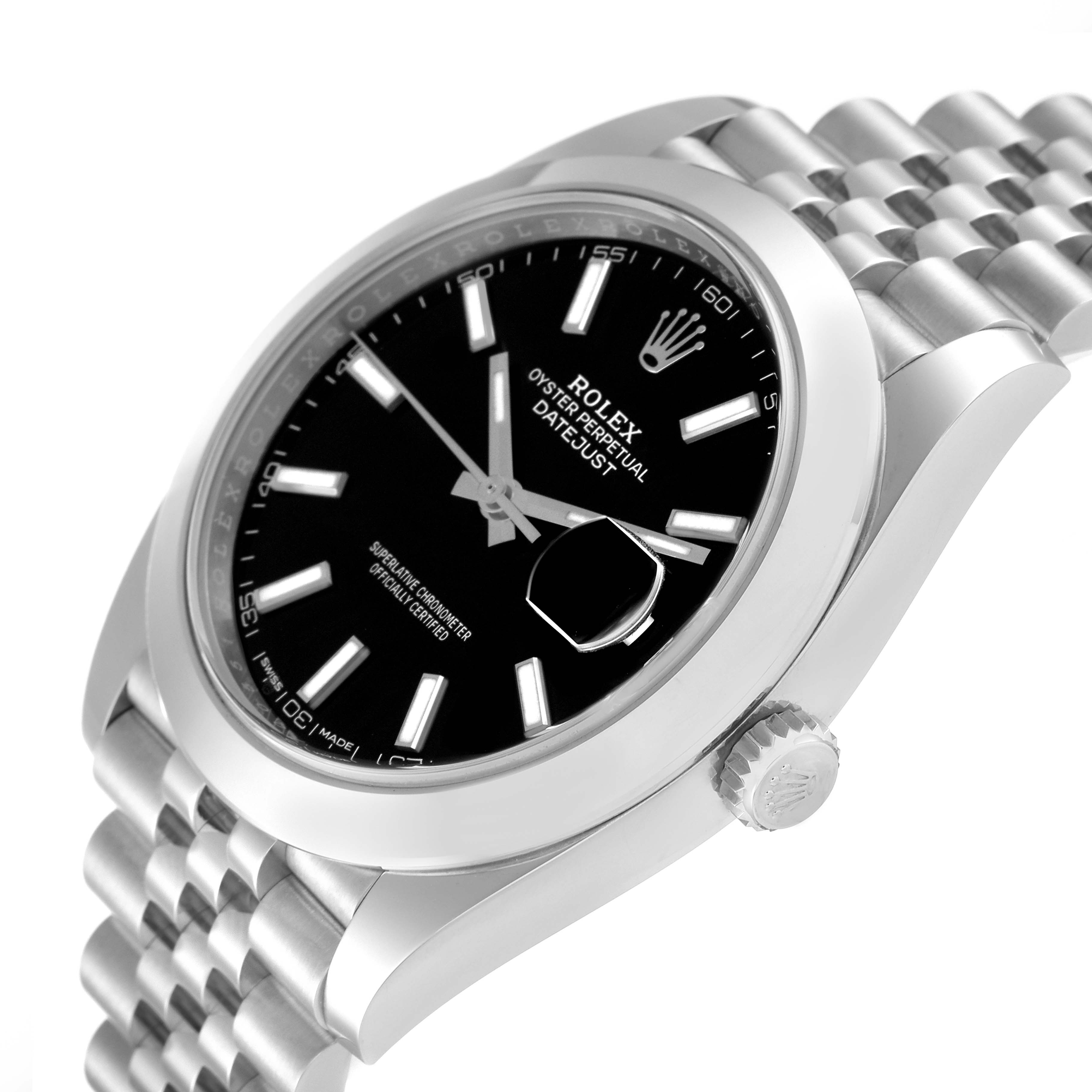 This image shows a Rolex Datejust 41 126300 Men's Stainless Steel Black Dial 126300 Men's Stainless Steel Black Dial watch at a slight angle, highlighting the black dial, bezel, crown, and part of the bracelet.