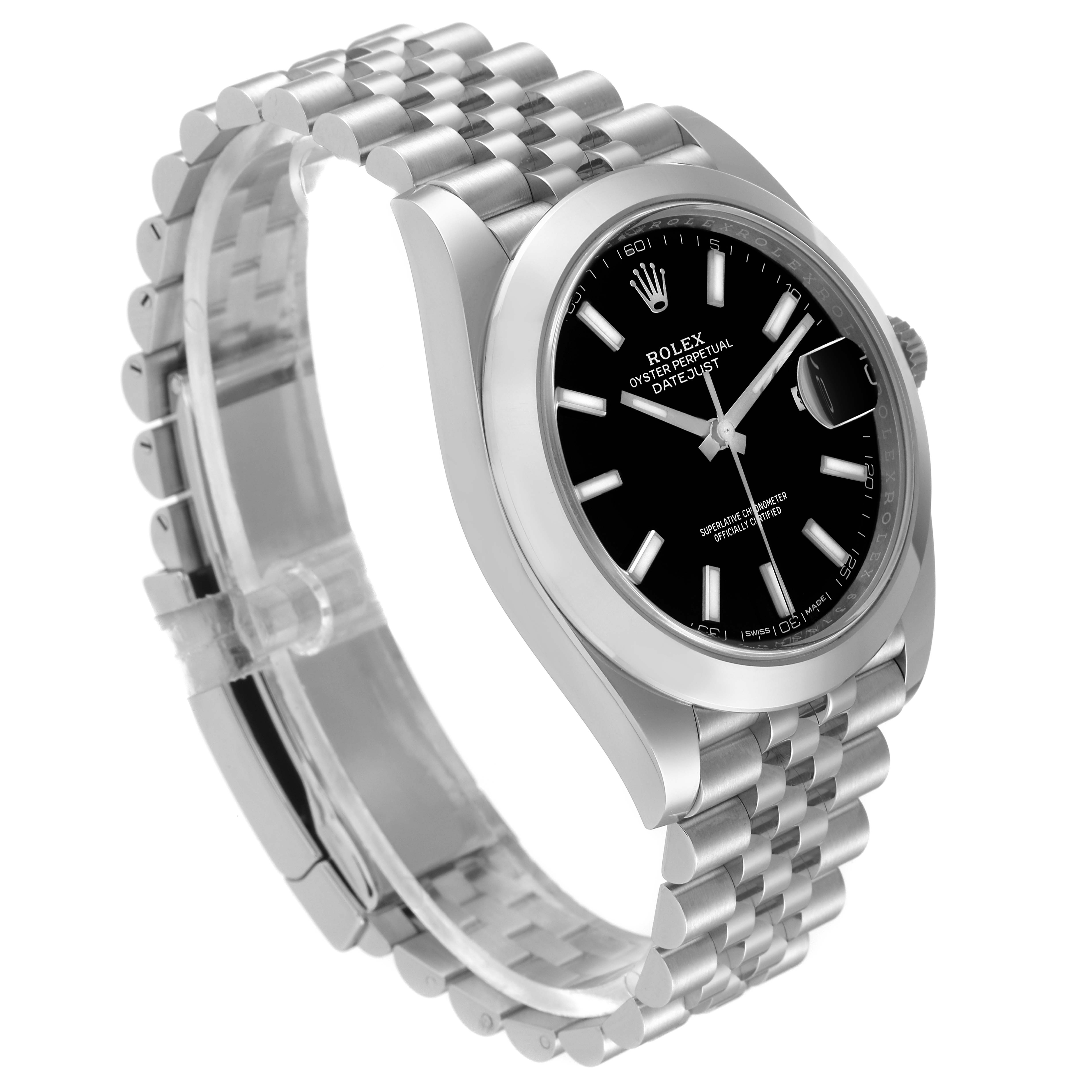 This image shows a Rolex Datejust 41 126300 Men's Stainless Steel Black Dial 126300 Men's Stainless Steel Black Dial watch, highlighting its black dial, stainless steel case, and Jubilee bracelet from a three-quarter angle.