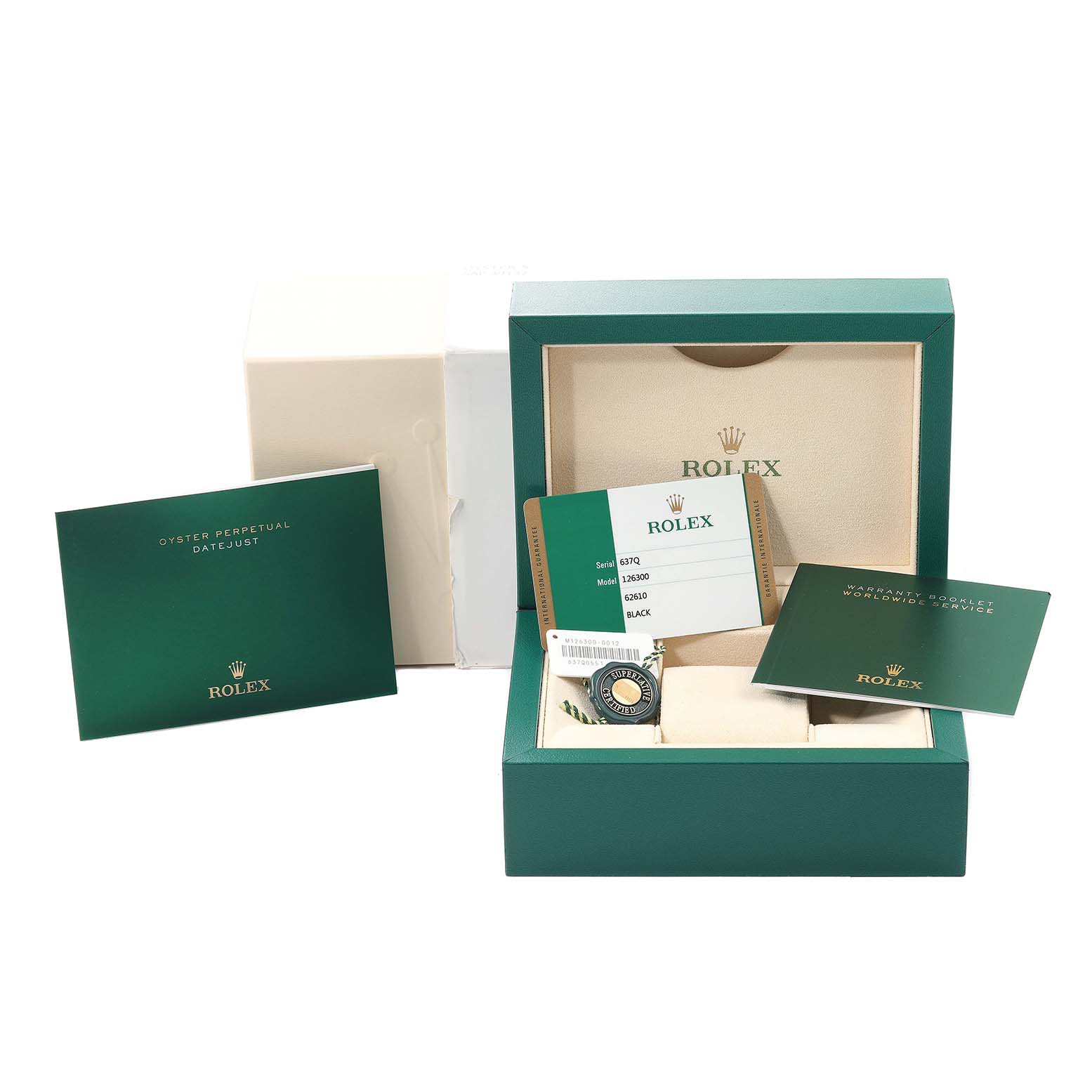 The image shows a Rolex Datejust 41 126300 Men's Stainless Steel Black Dial 126300 Men's Stainless Steel Black Dial box, warranty card, booklet, and tags from a frontal angle.