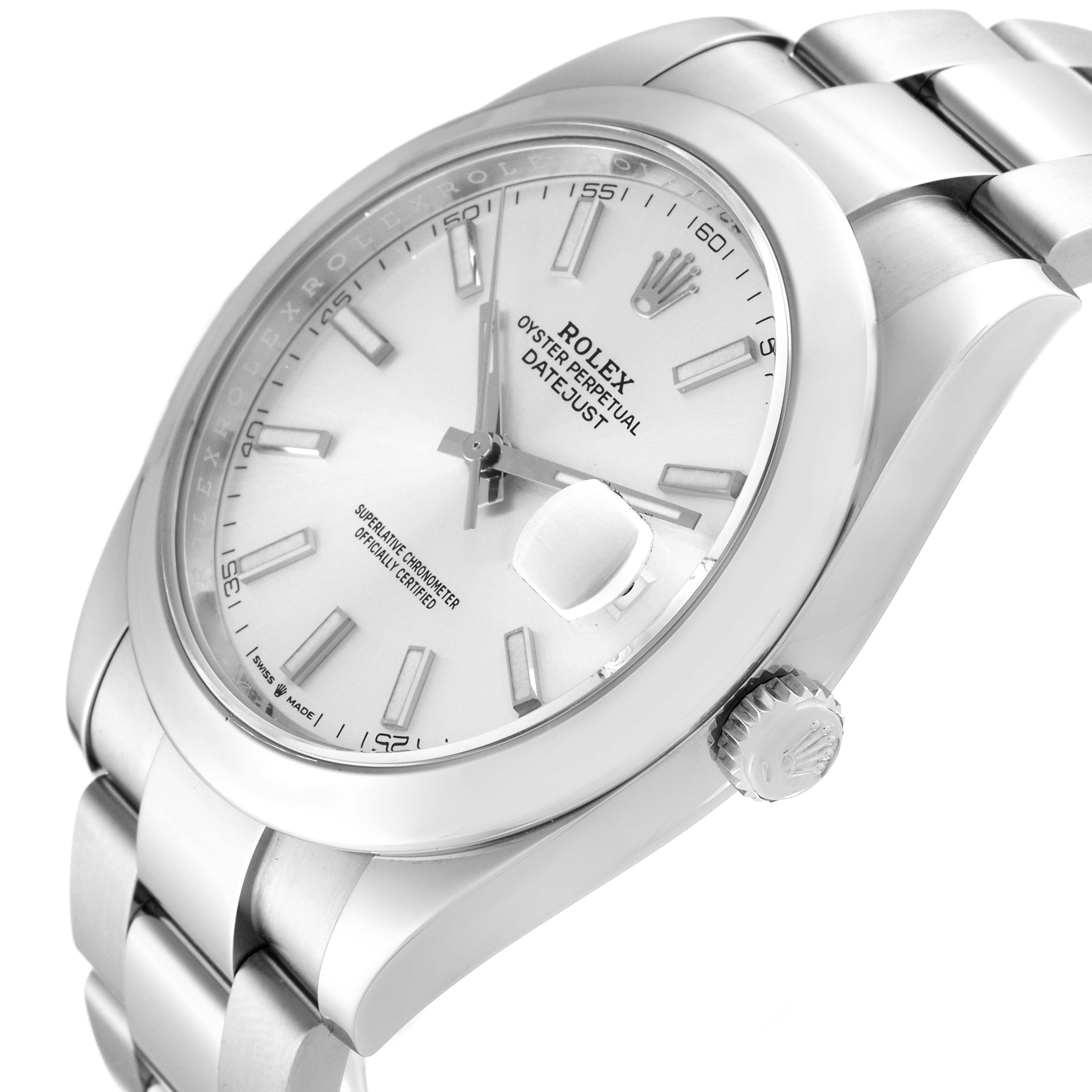 The image shows a side angle of the Rolex Datejust 41 126300 Men
s Stainless Steel Silver Dial 126300 Men
s Stainless Steel Silver Dial model, highlighting its dial, bracelet, and crown.