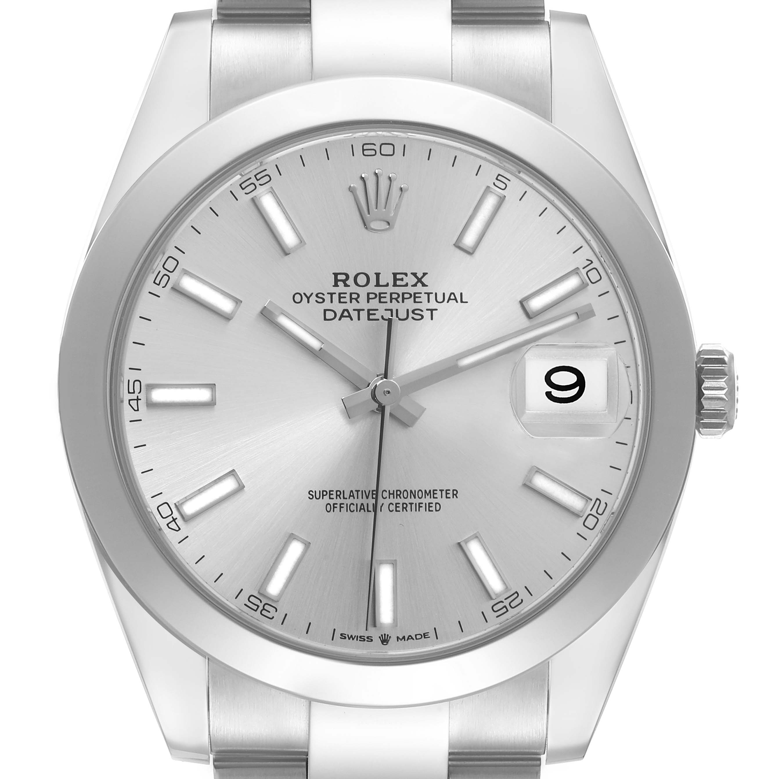 The image shows a front view of a Rolex Datejust 41 126300 Men
s Stainless Steel Silver Dial 126300 Men
s Stainless Steel Silver Dial watch, highlighting its dial, hour markers, hands, crown, and bracelet attachment.