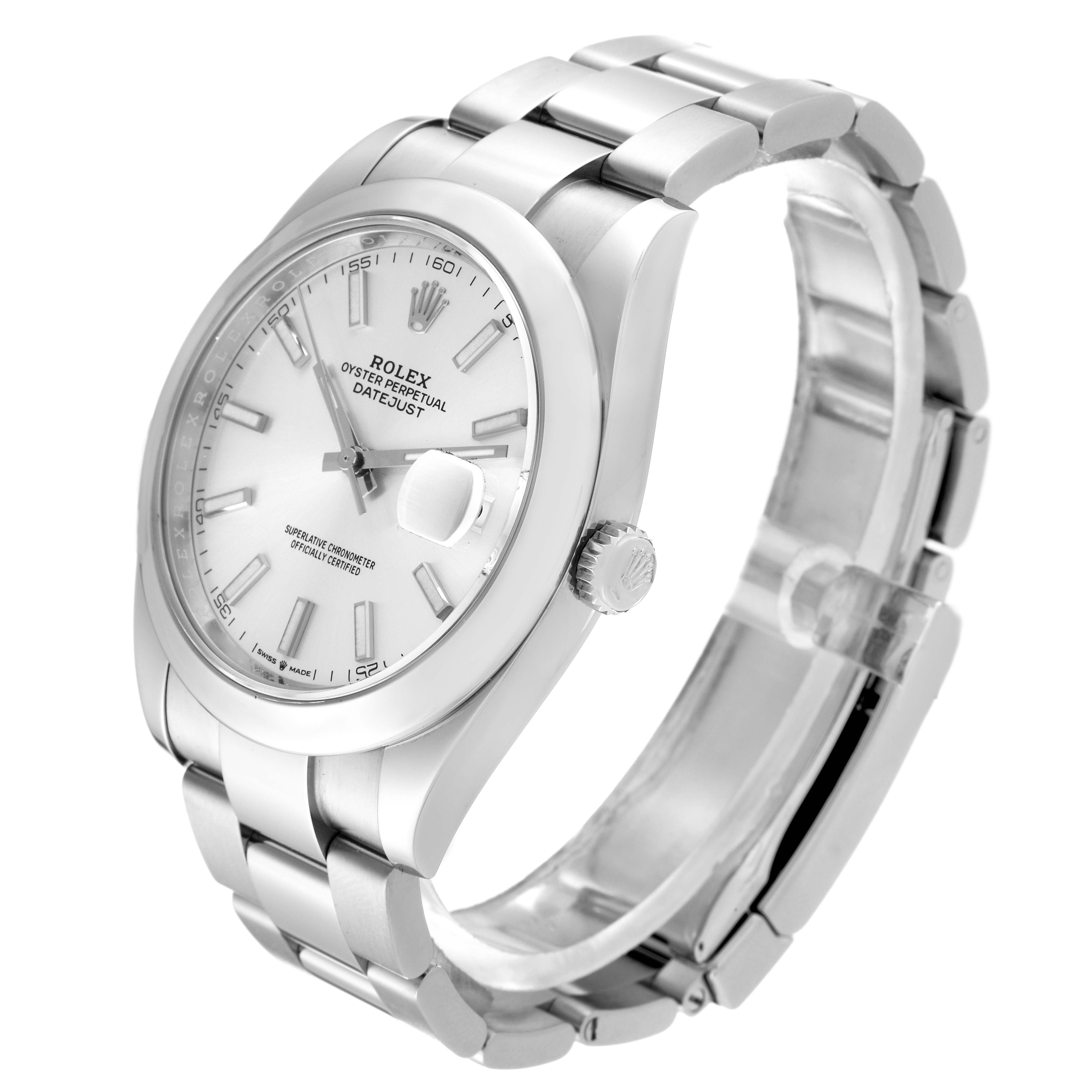 The image shows a Rolex Datejust 41 126300 Men
s Stainless Steel Silver Dial 126300 Men
s Stainless Steel Silver Dial watch from a three-quarter angle, highlighting the face, bezel, crown, and bracelet.