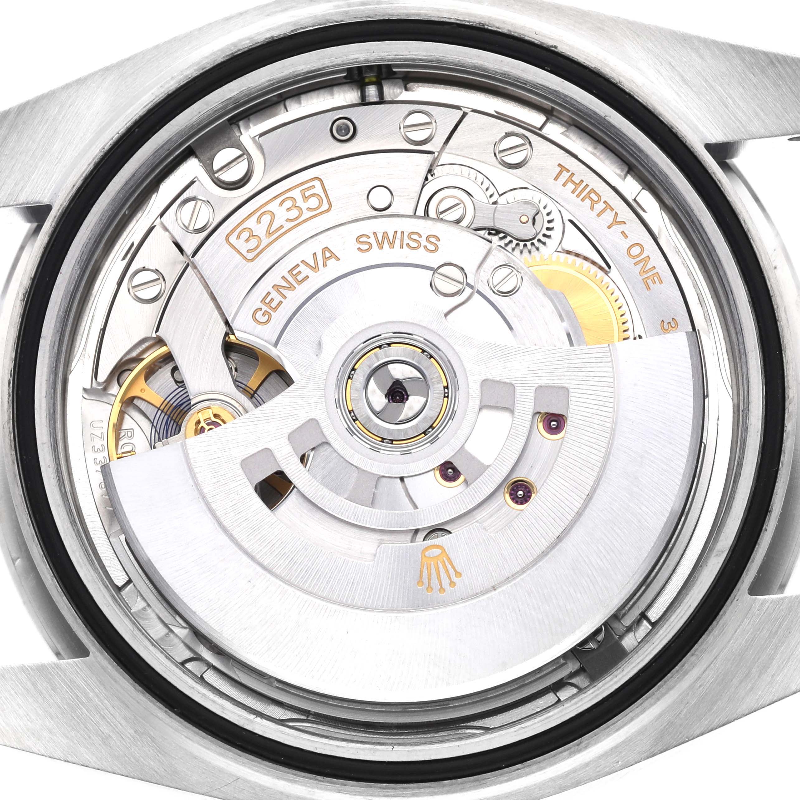 This is a close-up view of the movement inside a Rolex Datejust 41 126300 Men
s Stainless Steel Silver Dial 126300 Men
s Stainless Steel Silver Dial watch, showcasing its intricate mechanical parts.