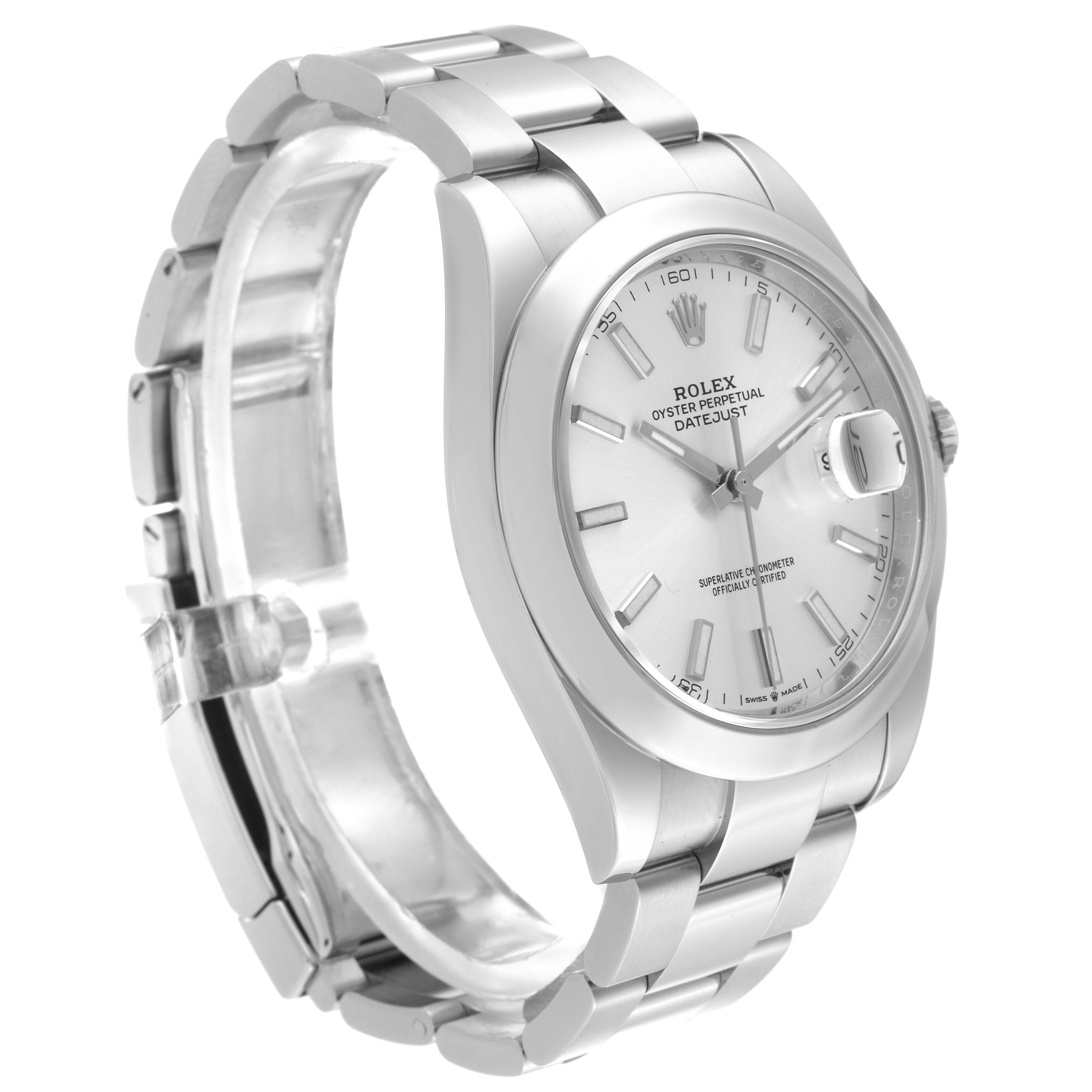The image shows a side angle view of the Rolex Datejust 41 126300 Men
s Stainless Steel Silver Dial 126300 Men
s Stainless Steel Silver Dial watch, highlighting its silver bracelet and white dial.