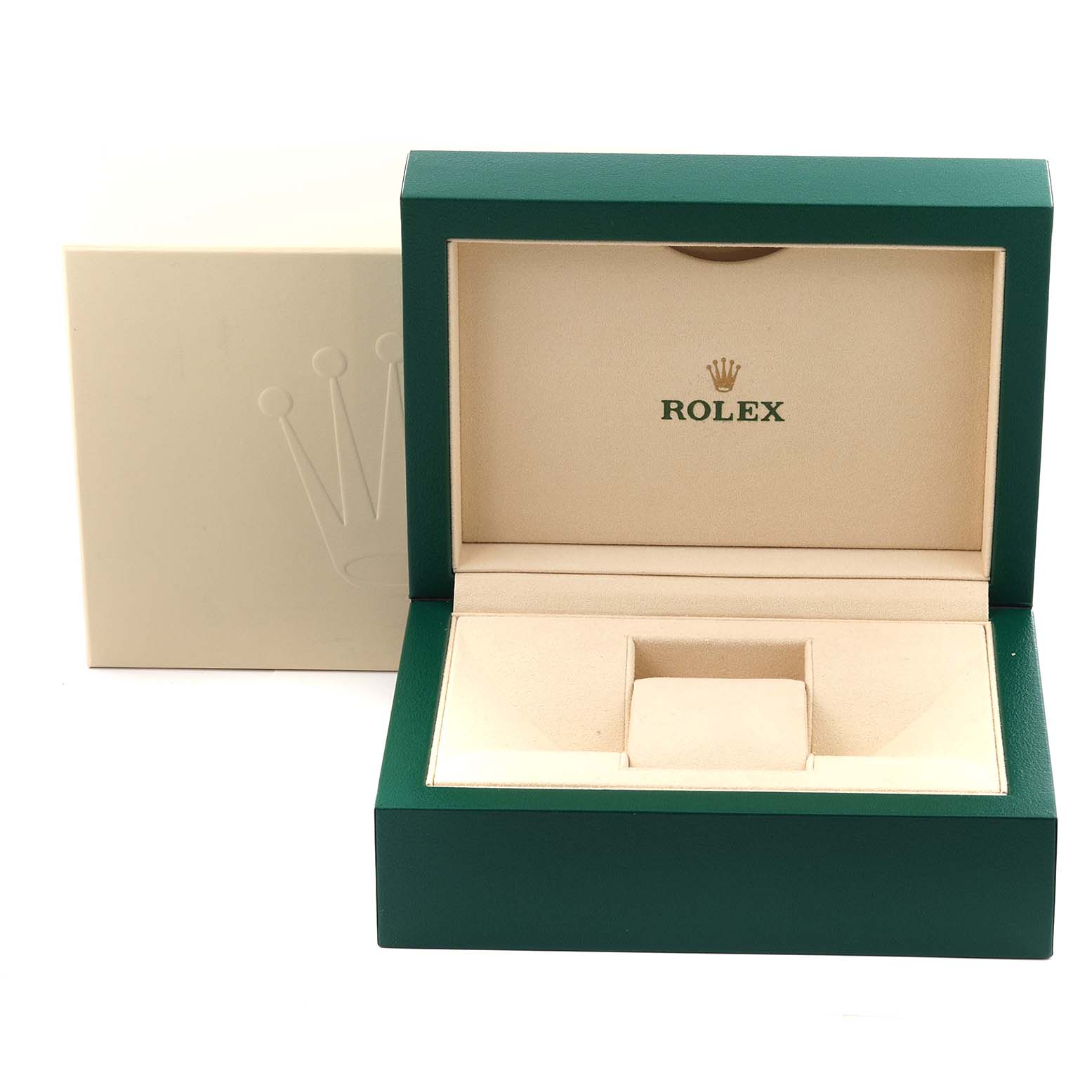 The image shows the packaging box set for the Rolex Datejust 41 126300 Men
s Stainless Steel Silver Dial 126300 Men
s Stainless Steel Silver Dial, featuring an open green case and an outer beige box.