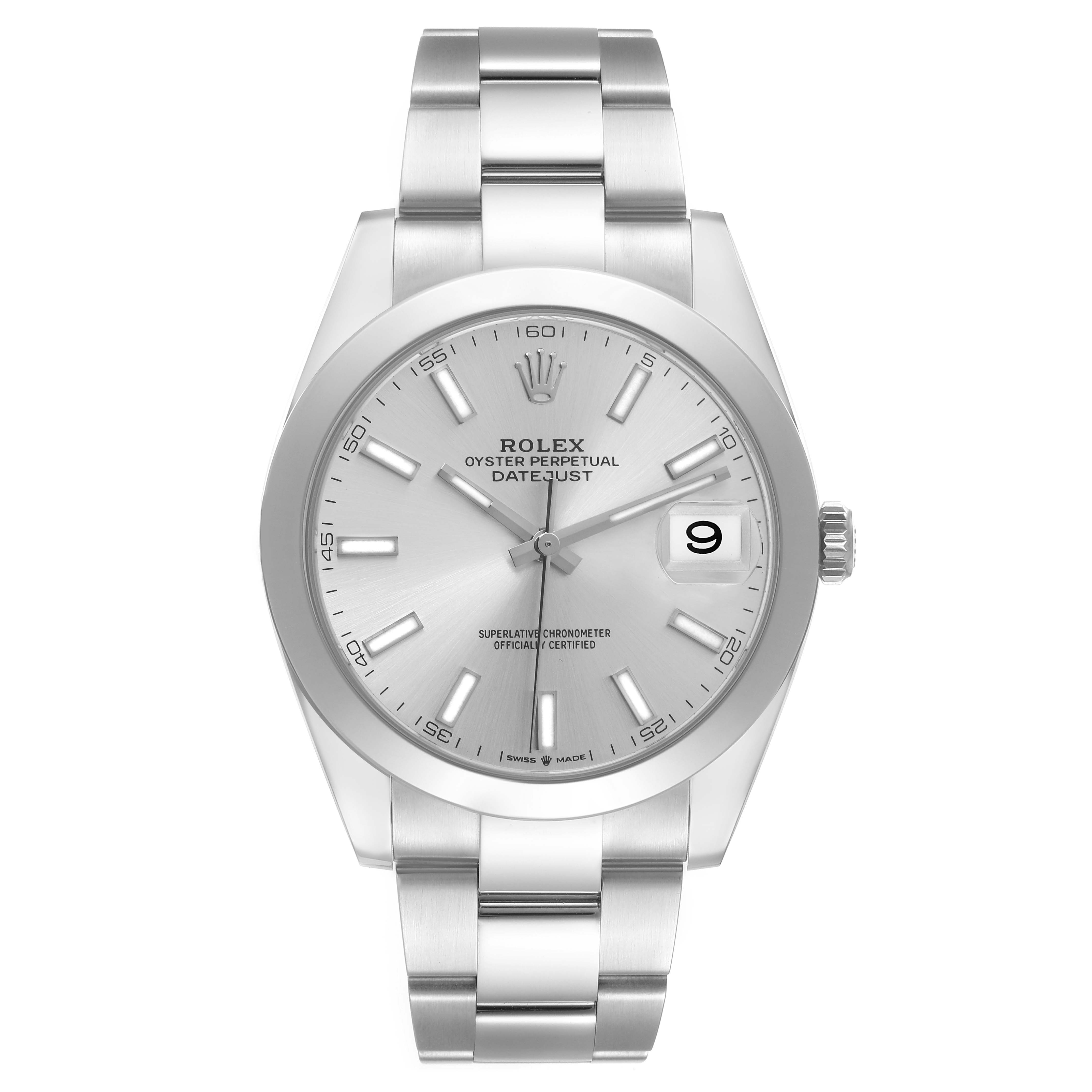 The image shows a front view of the Rolex Datejust 41 126300 Men
s Stainless Steel Silver Dial 126300 Men
s Stainless Steel Silver Dial watch, highlighting its silver dial, date window, and Oyster bracelet.