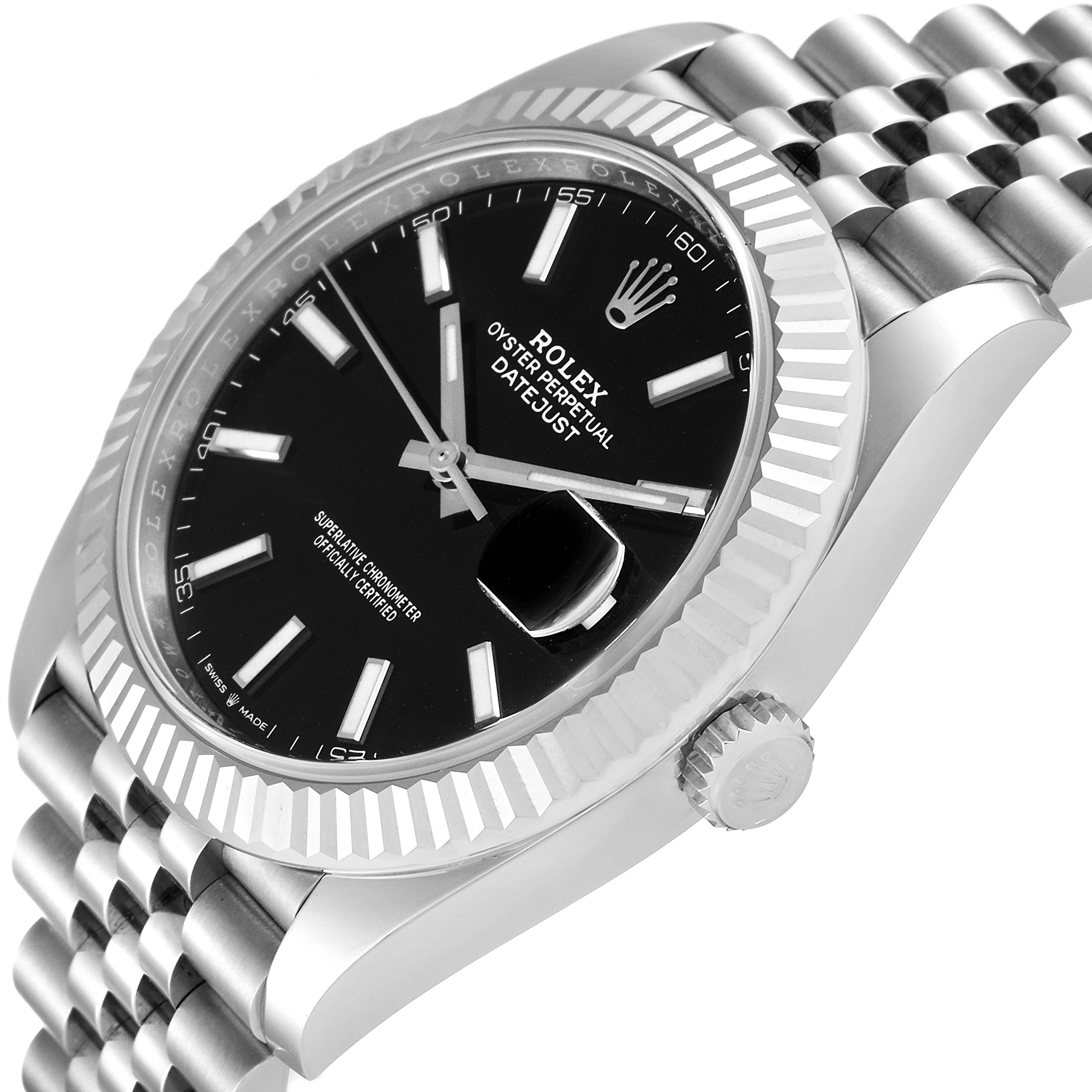 This image shows a side angle of the Rolex Datejust 41 126334 Men
s Stainless Steel Black Dial 126334 Men
s Stainless Steel Black Dial, highlighting the face, bezel, and part of the bracelet.