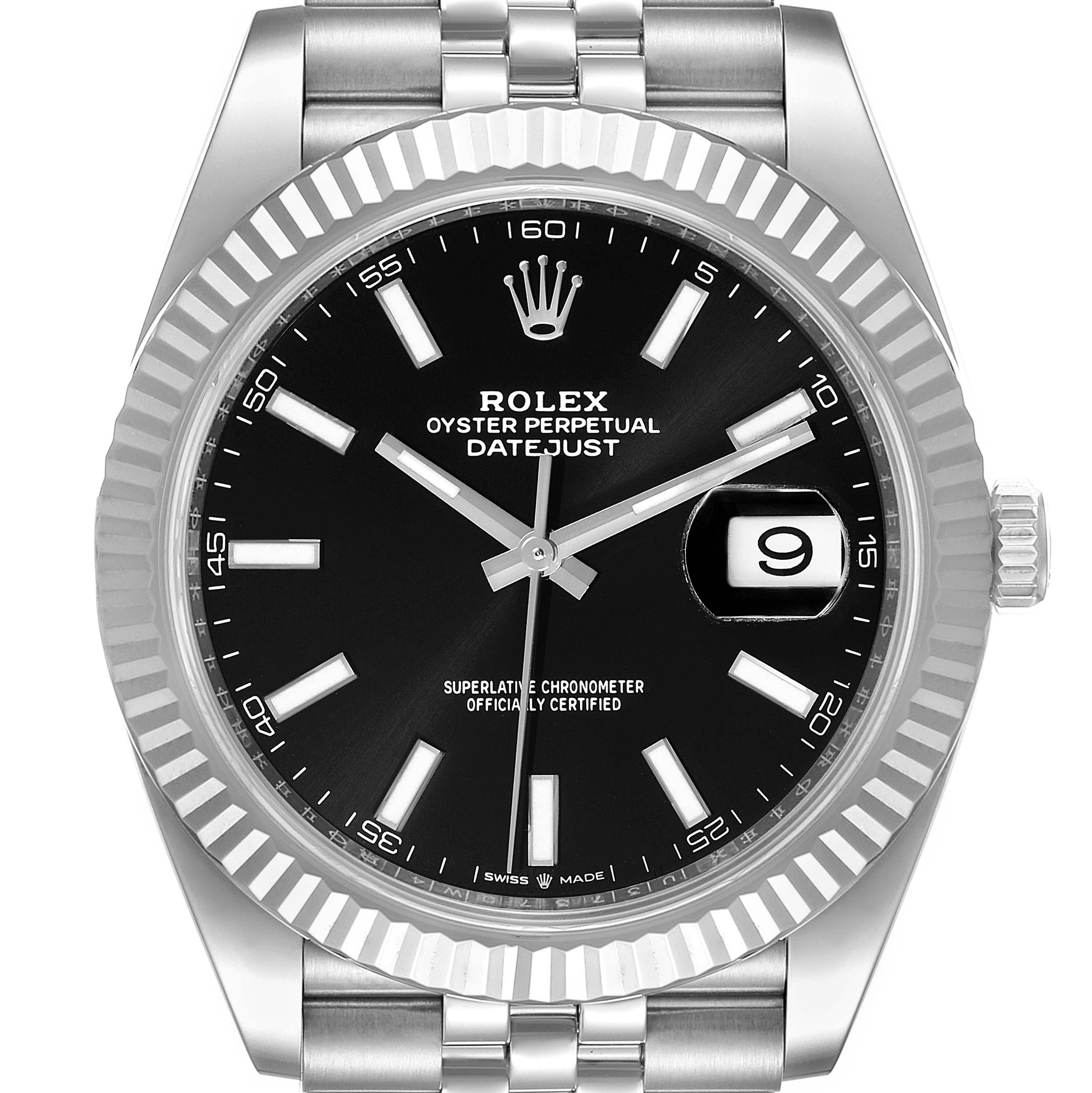 The image shows a front view of a Rolex Datejust 41 126334 Men
s Stainless Steel Black Dial 126334 Men
s Stainless Steel Black Dial watch, highlighting its black dial, date window, and fluted bezel.