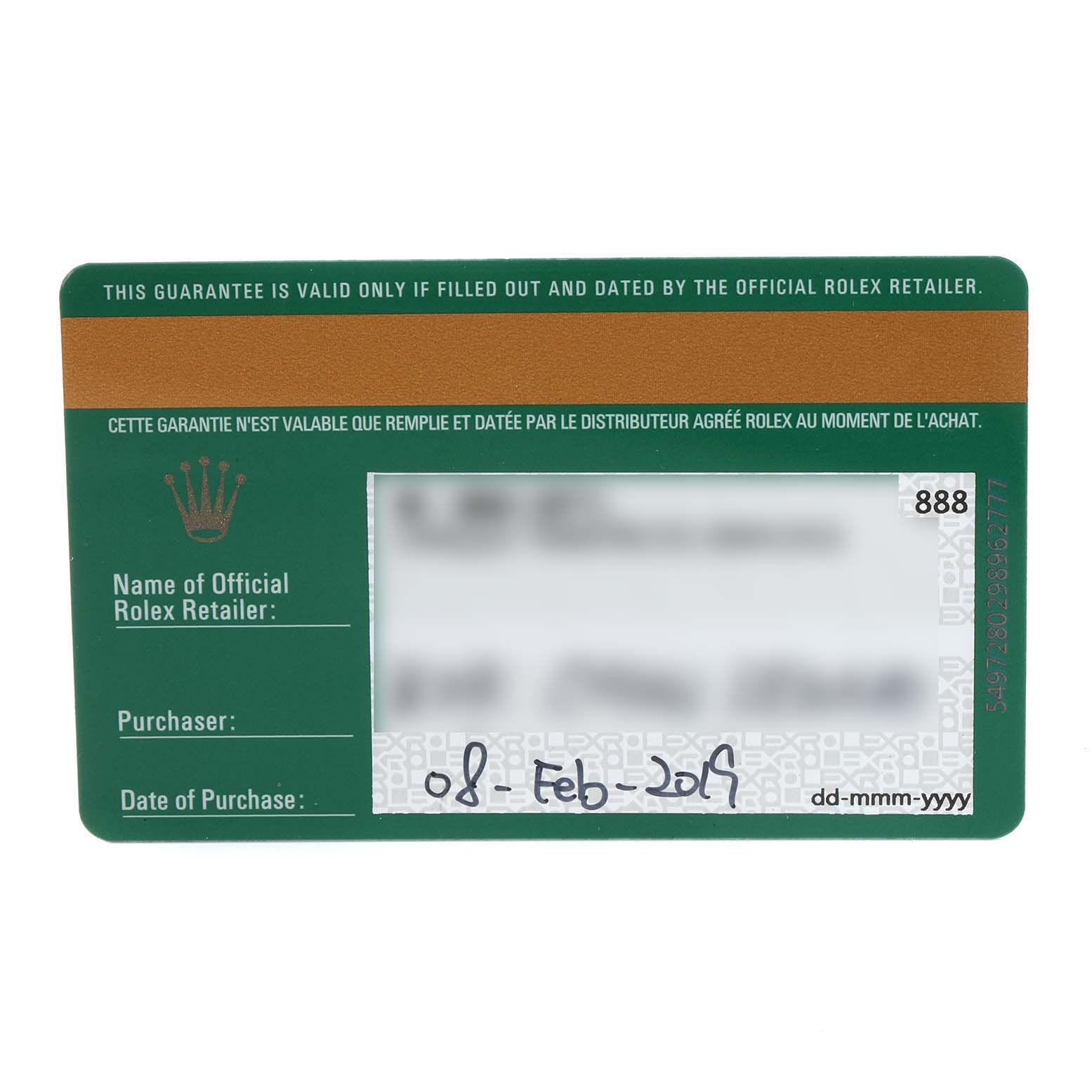 The image shows the guarantee card for a Rolex Datejust 41 126334 Men
s Stainless Steel Black Dial 126334 Men
s Stainless Steel Black Dial model watch.