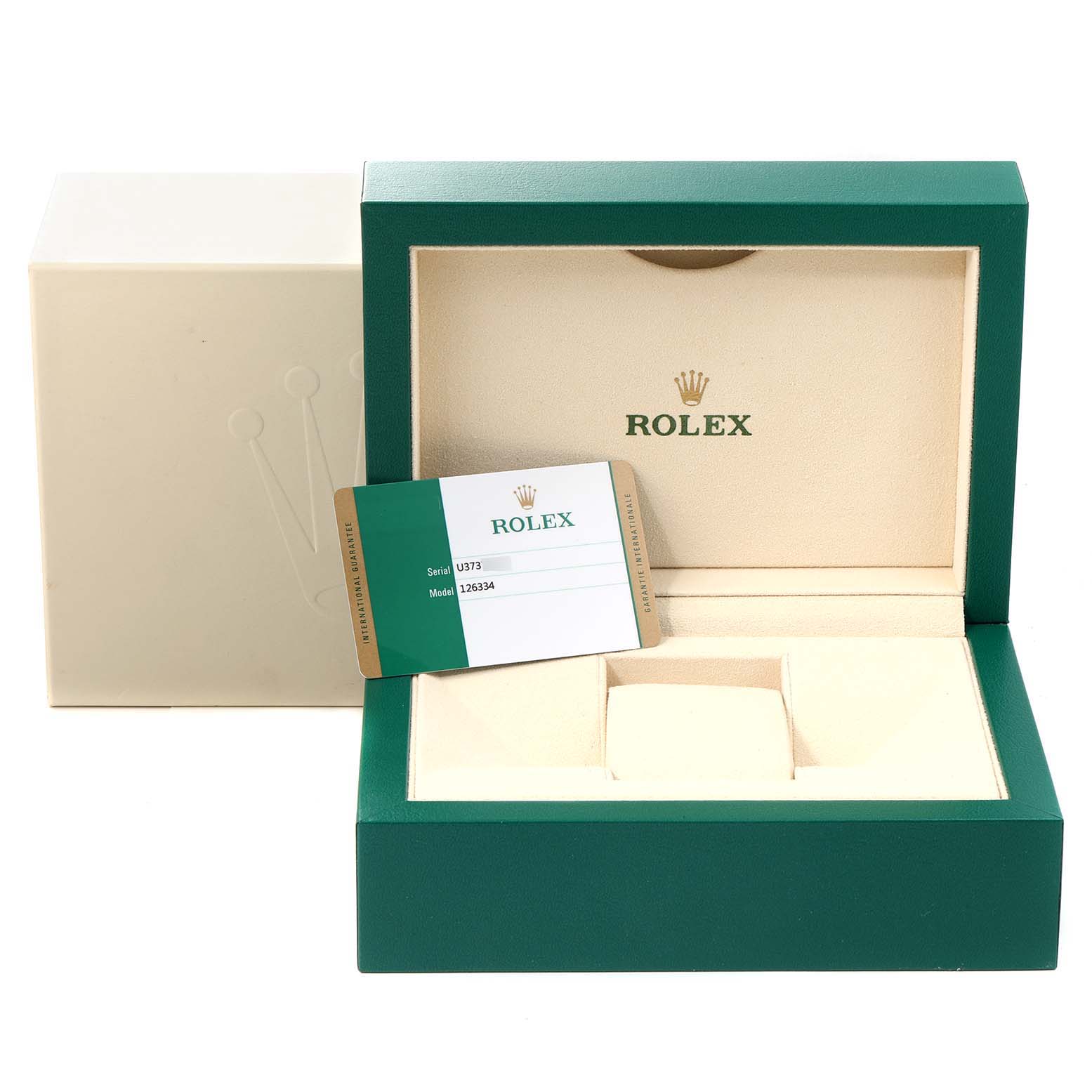 The image shows the Rolex Datejust 41 126334 Men
s Stainless Steel Black Dial 126334 Men
s Stainless Steel Black Dial model case, including its green and beige presentation box and Best Quality
ity card.