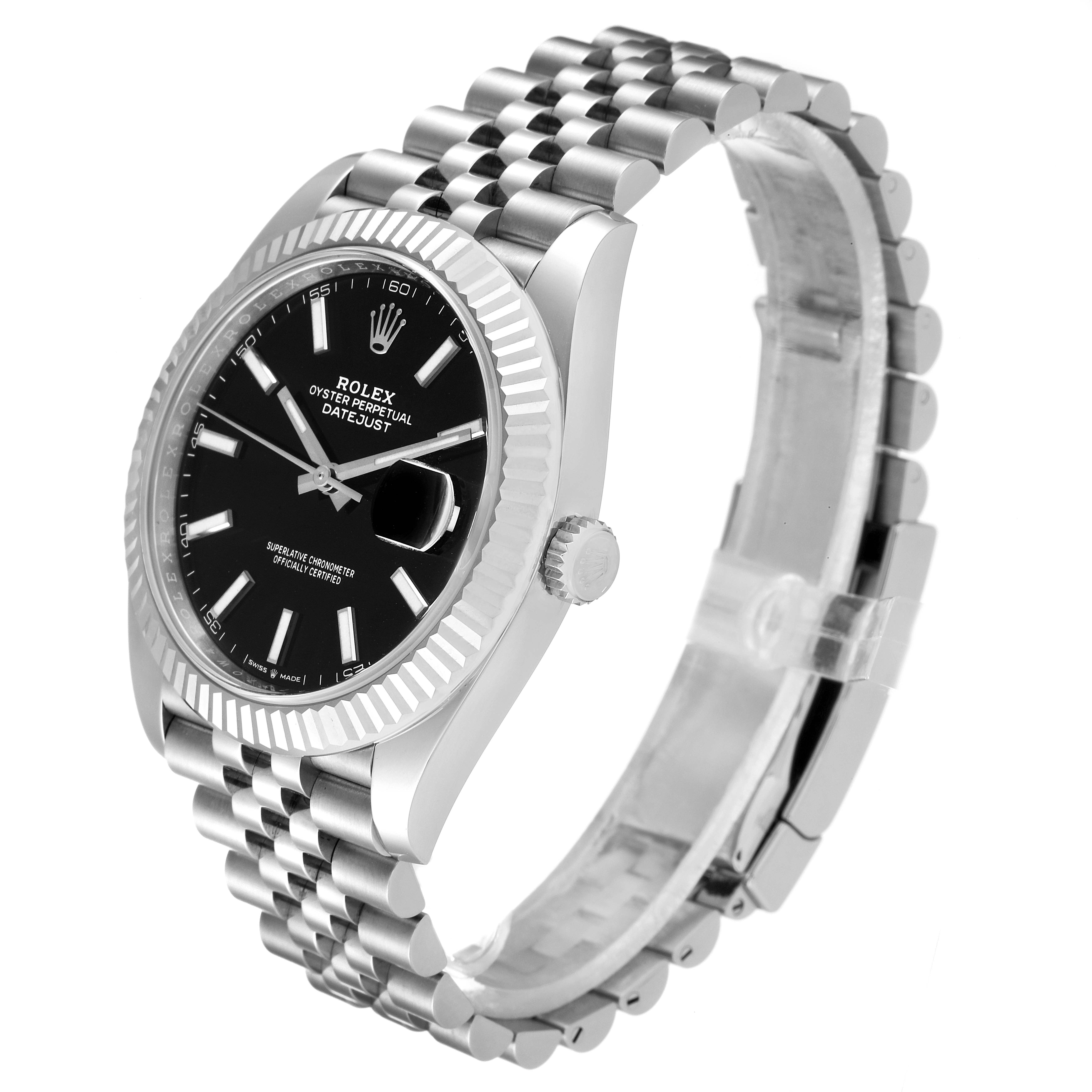 The Rolex Datejust 41 126334 Men
s Stainless Steel Black Dial 126334 Men
s Stainless Steel Black Dial watch is shown at a three-quarter angle, highlighting the face, bezel, crown, and bracelet.