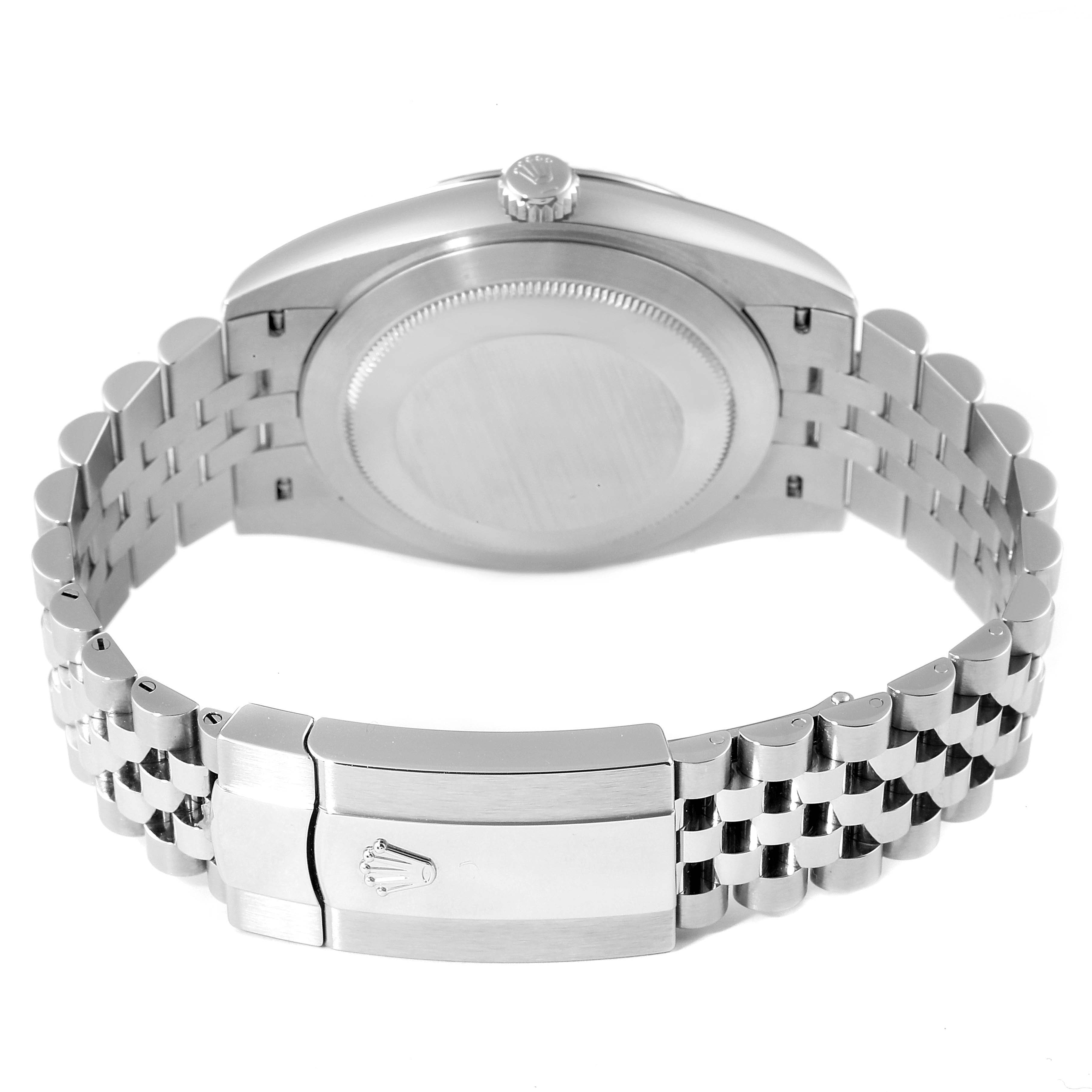 This image shows the back case and bracelet clasp of a Rolex Datejust 41 126334 Men
s Stainless Steel Black Dial 126334 Men
s Stainless Steel Black Dial watch from a rear angle.