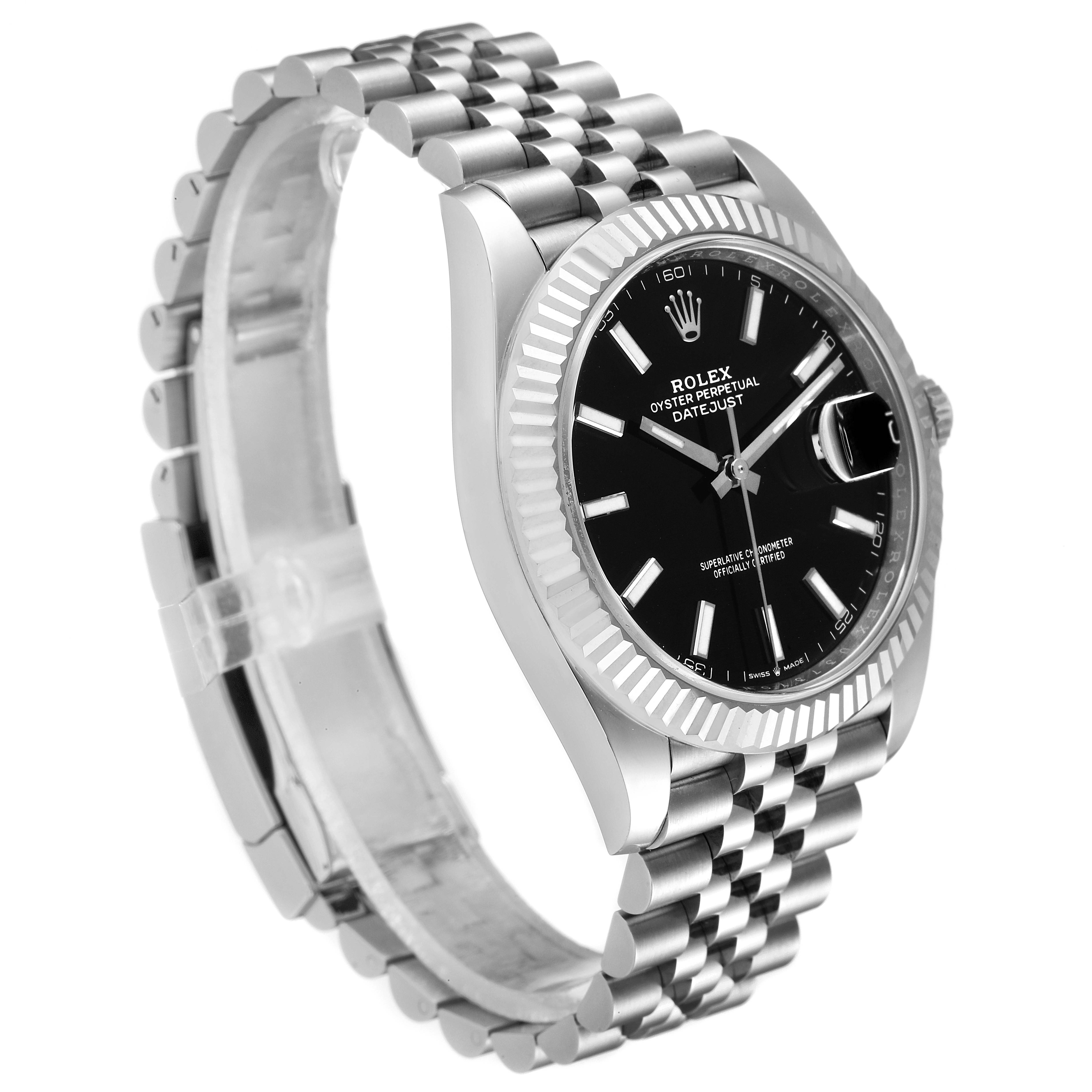 The Rolex Datejust 41 126334 Men
s Stainless Steel Black Dial 126334 Men
s Stainless Steel Black Dial watch is shown at a side angle, highlighting the black dial, fluted bezel, and Jubilee bracelet.