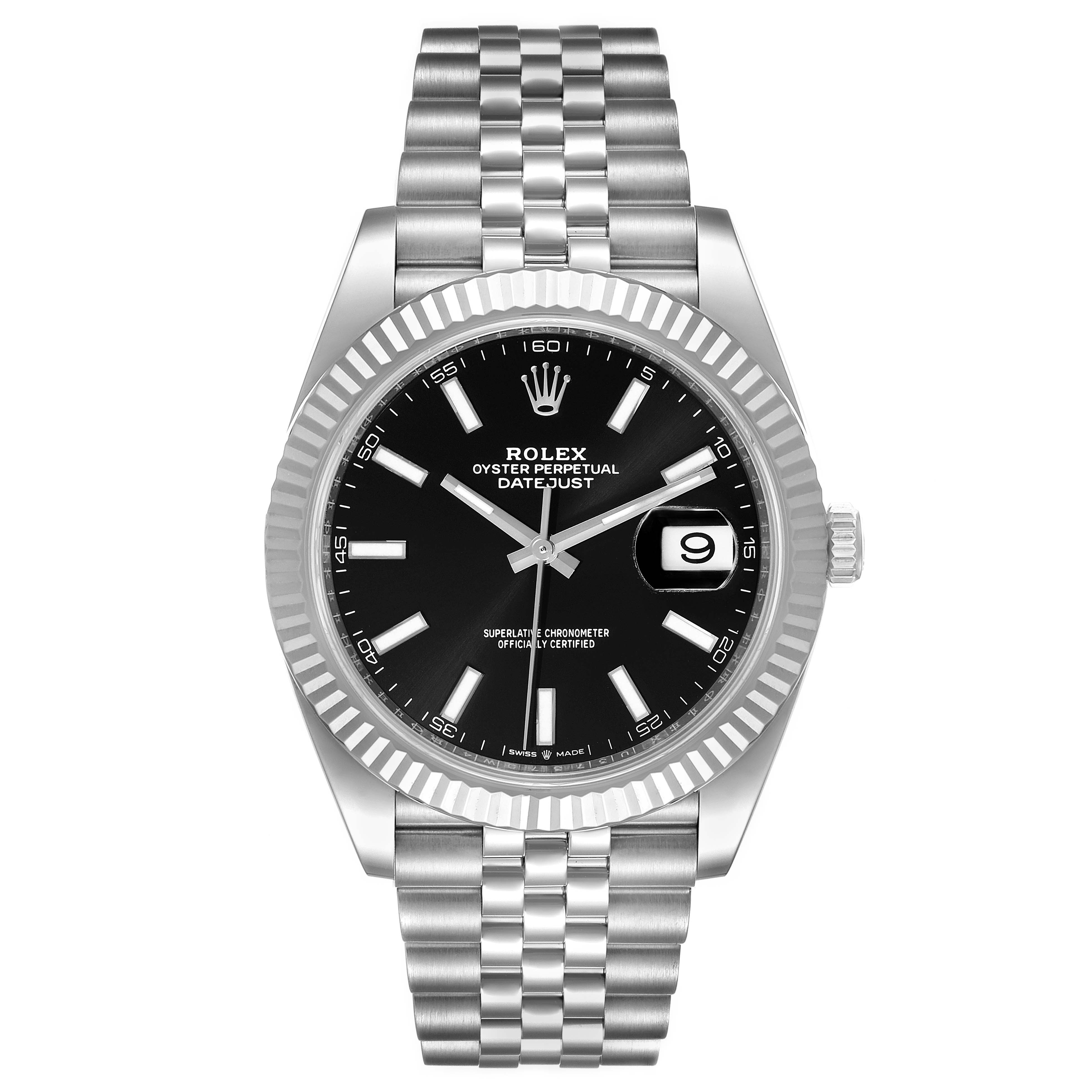 The Rolex Datejust 41 126334 Men
s Stainless Steel Black Dial 126334 Men
s Stainless Steel Black Dial is shown from a front angle highlighting its black dial, fluted bezel, and Jubilee bracelet.
