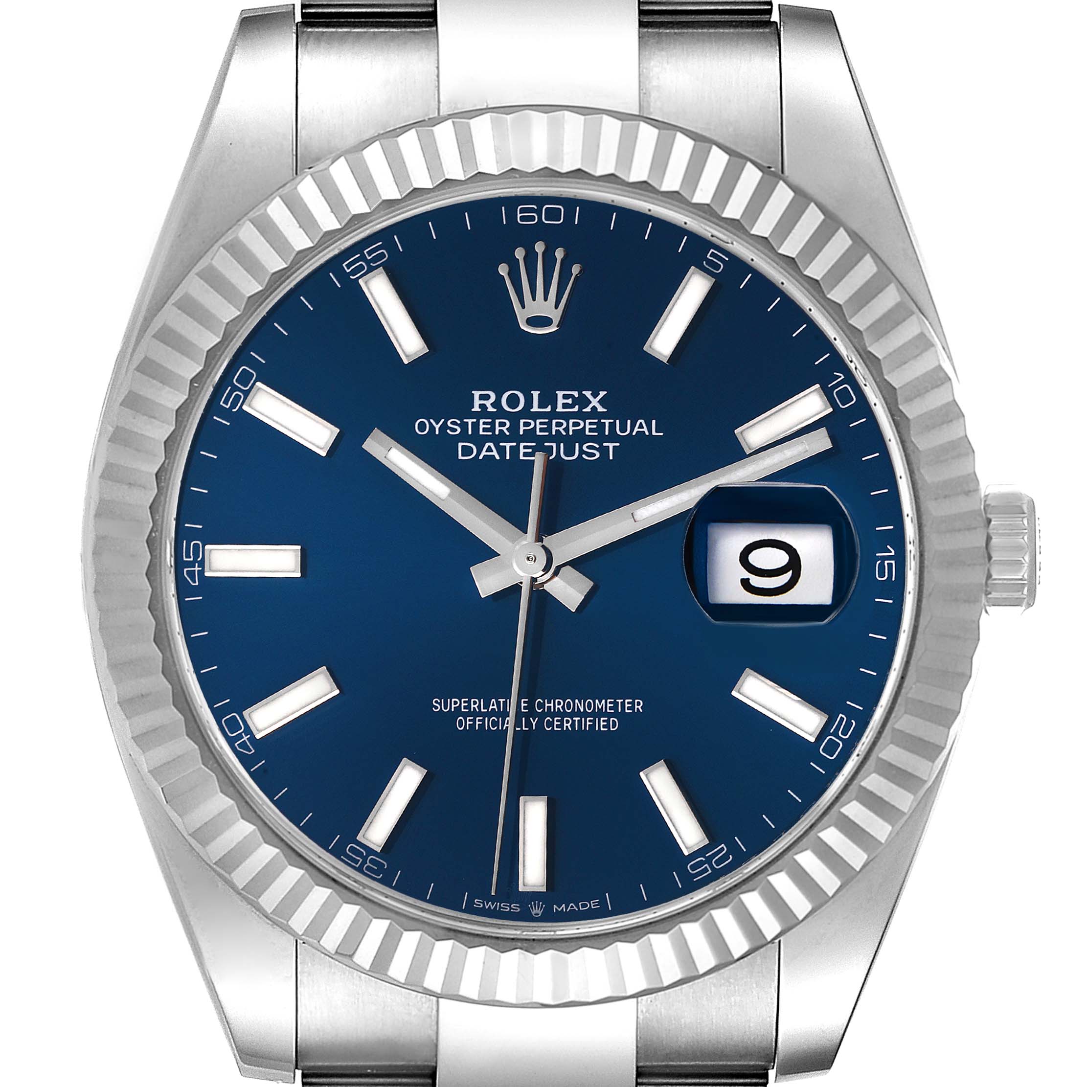 The image shows a front view of the Rolex Datejust 41 126334 Men's Stainless Steel Blue Dial 126334 Men's Stainless Steel Blue Dial watch, highlighting its blue dial, date window, and fluted bezel.