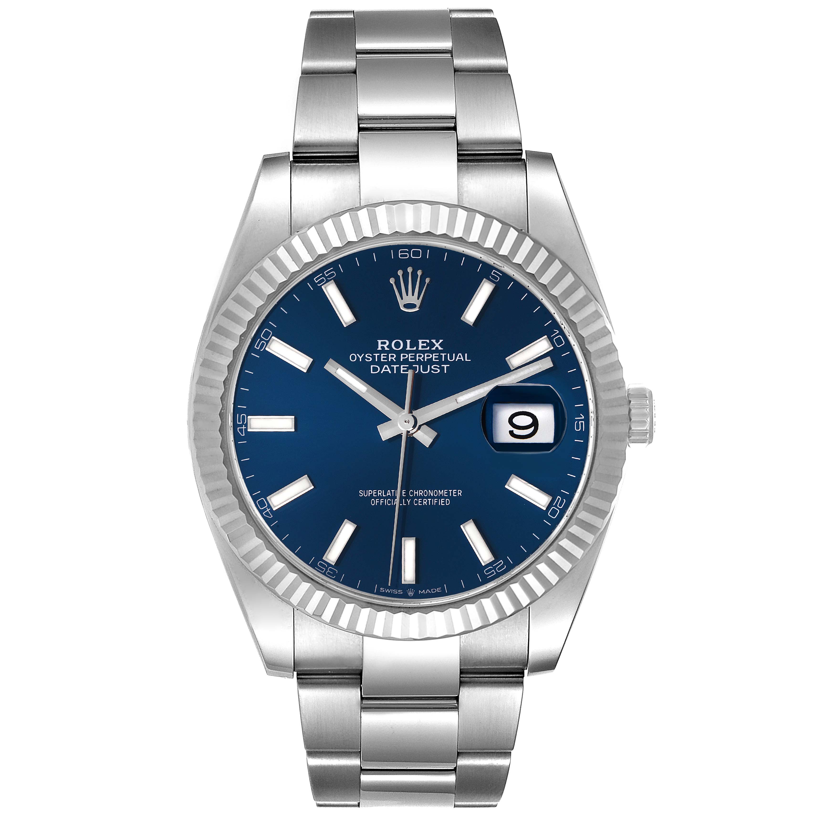 The Rolex Datejust 41 126334 Men's Stainless Steel Blue Dial 126334 Men's Stainless Steel Blue Dial watch is shown from a front angle, displaying its blue dial, date window, and stainless steel bracelet.