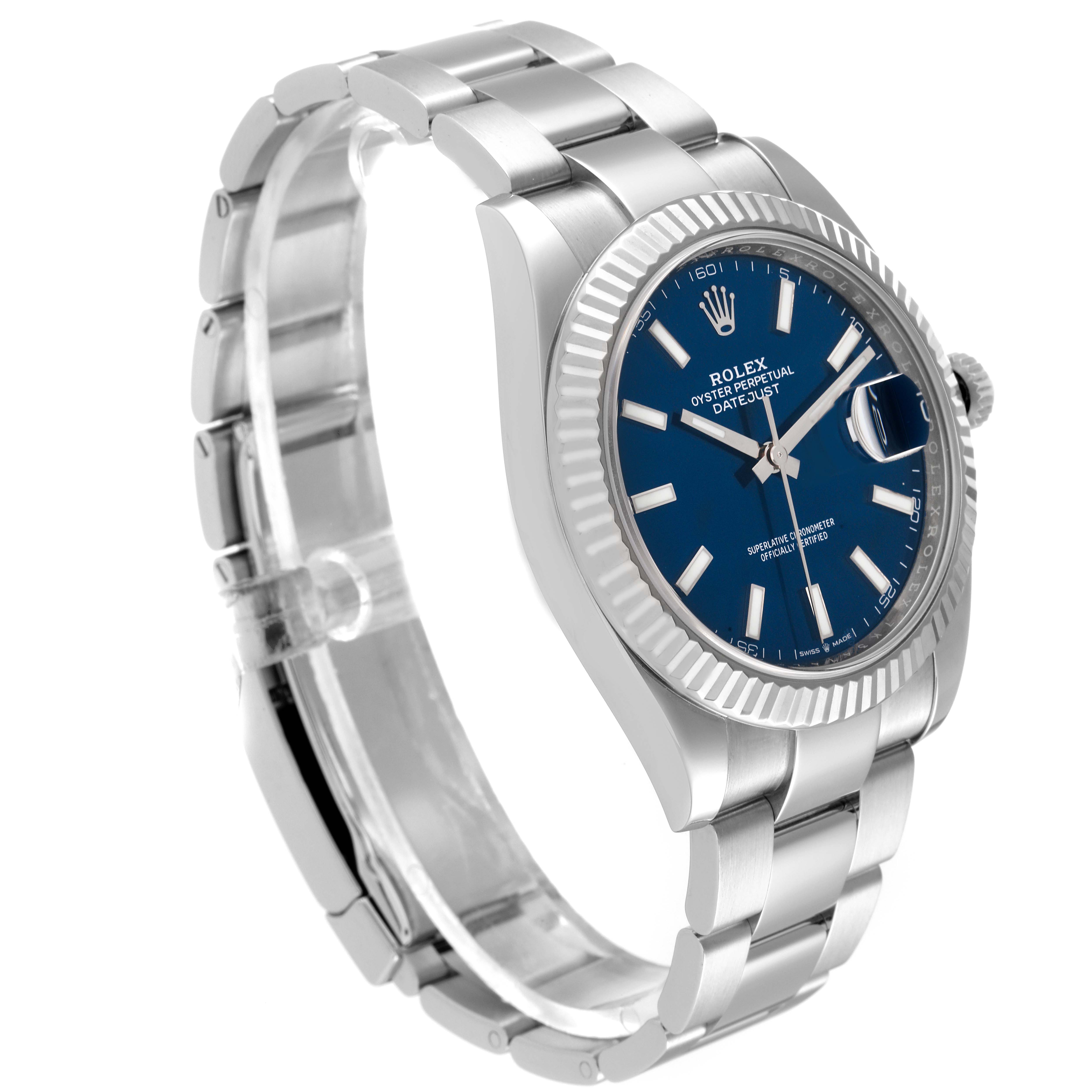 This Rolex Datejust 41 126334 Men's Stainless Steel Blue Dial 126334 Men's Stainless Steel Blue Dial model is shown from a three-quarter angle, displaying the face, bezel, and part of the bracelet.