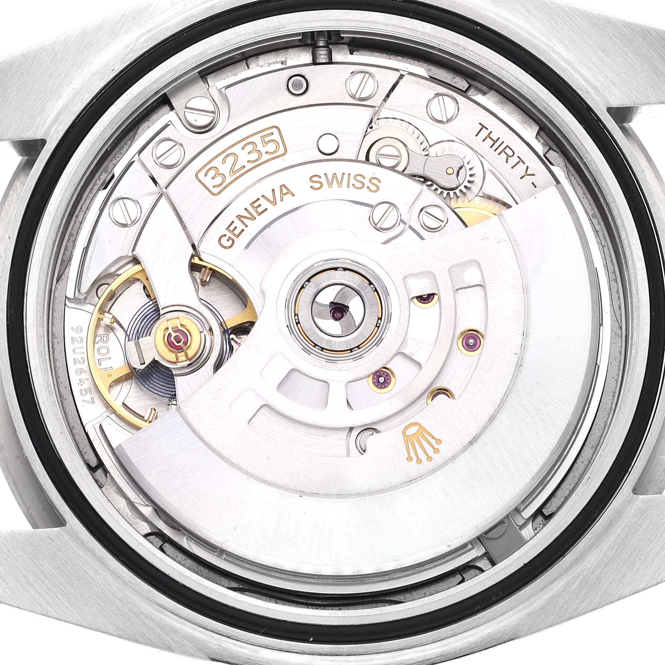 The image shows the internal movement mechanism of the Rolex Datejust 41 126334 Men's Stainless Steel Blue Dial 126334 Men's Stainless Steel Blue Dial from the back.