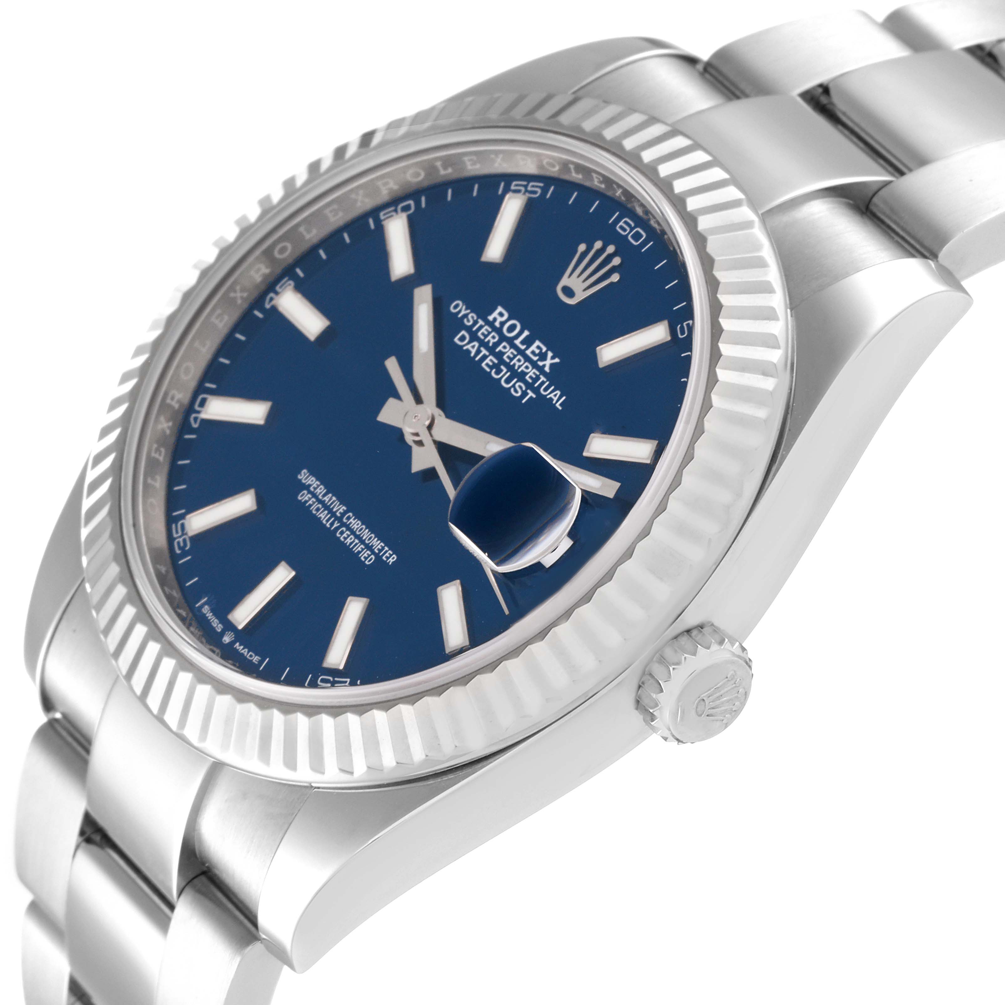 The image shows a Rolex Datejust 41 126334 Men's Stainless Steel Blue Dial 126334 Men's Stainless Steel Blue Dial, highlighting its blue dial, bezel, crown, and part of the bracelet from an angled perspective.