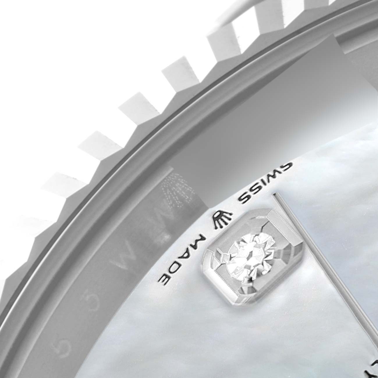 This image shows a close-up view of the dial, the fluted bezel, and part of the crystal of the Rolex Datejust 41 126334 Men's Stainless Steel Mother of Pearl Dial 126334 Men's Stainless Steel Mother of Pearl Dial watch.